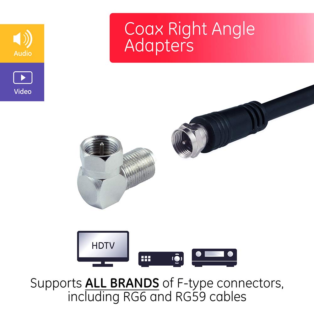 GE Right-Angle F-Type Connector Adapter for RG59 RG6 F-Type Coaxial Cables, 90-Degree Male-to-Female Connector, Screw-On Installation, No Tools Required 34483 - Image 3