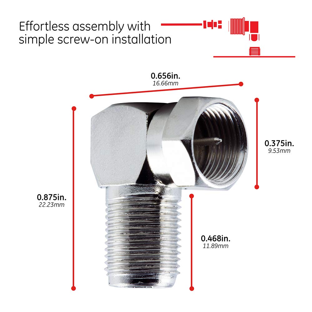 GE Right-Angle F-Type Connector Adapter for RG59 RG6 F-Type Coaxial Cables, 90-Degree Male-to-Female Connector, Screw-On Installation, No Tools Required 34483 - Image 4