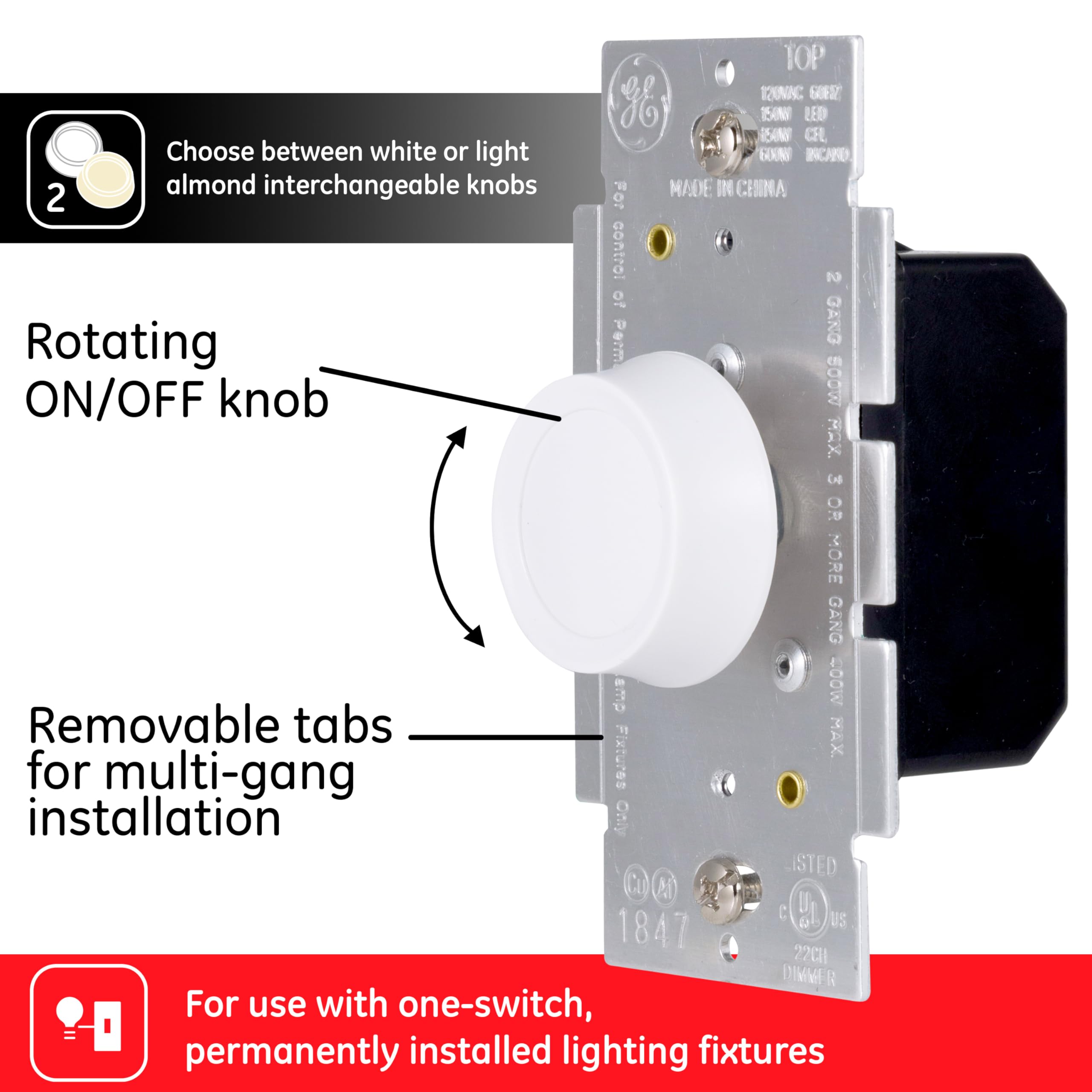 GE Single Pole Rotating Dimmer Switch, Rotate On/Off, Use with Dimmable LED, CFL, and Incandescent Bulbs, Includes Two Knob Colors, UL Listed, White/Light Almond, 18021 - Image 2