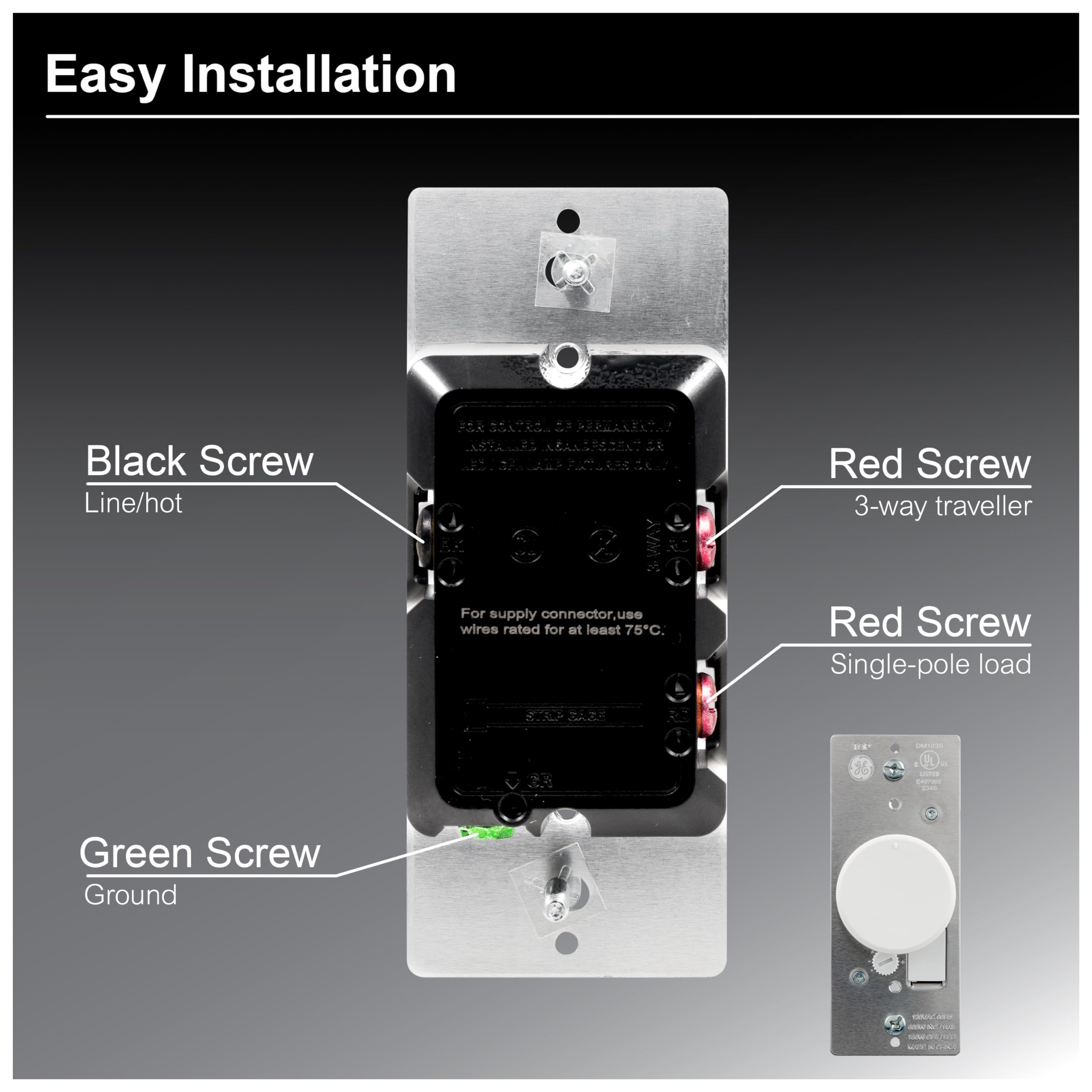 GE Single Pole Rotating Dimmer Switch, Rotate On/Off, Use with Dimmable LED, CFL, and Incandescent Bulbs, Includes Two Knob Colors, UL Listed, White/Light Almond, 18021 - Image 4