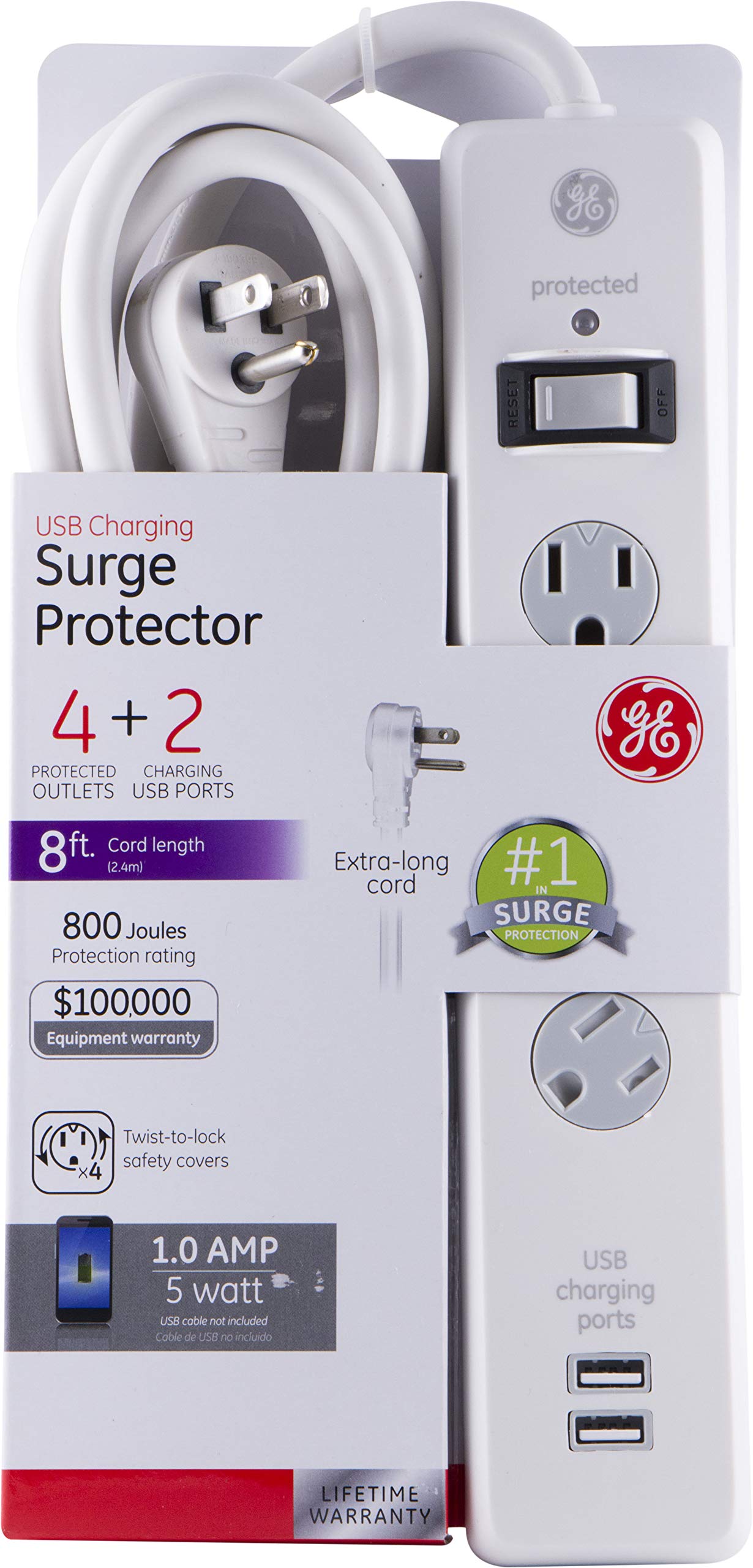 GE Surge Protector, 4 Outlets 2 USB Ports, Extra Long 8ft. Power Cord, White, 25798 - Image 8