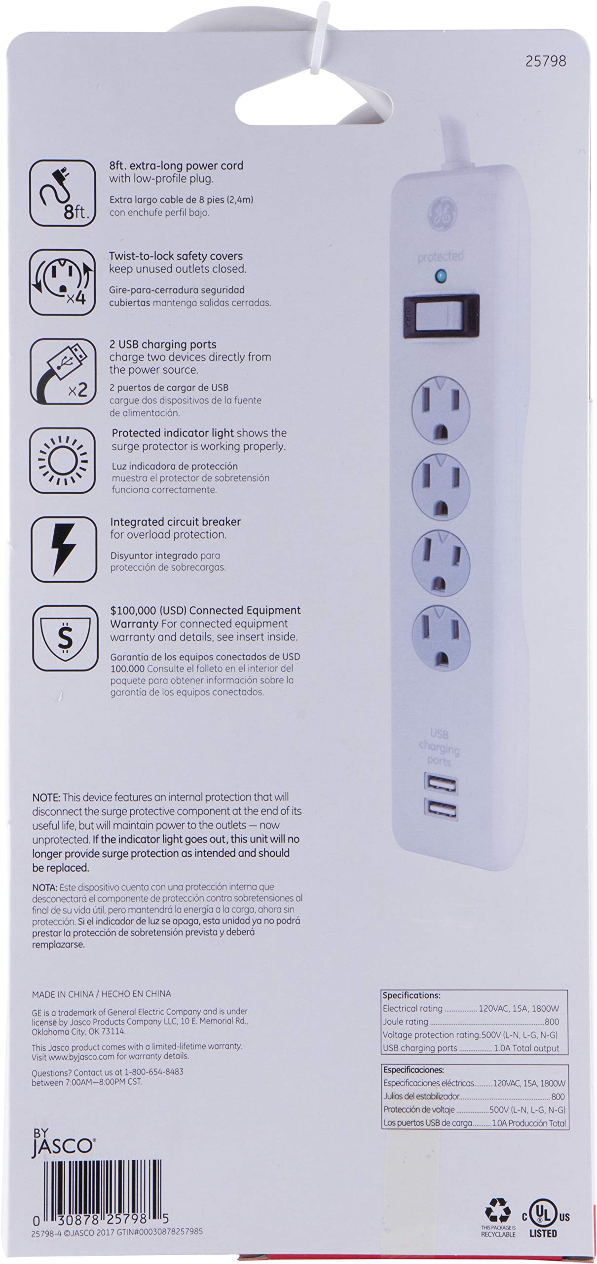GE Surge Protector, 4 Outlets 2 USB Ports, Extra Long 8ft. Power Cord, White, 25798 - Image 9