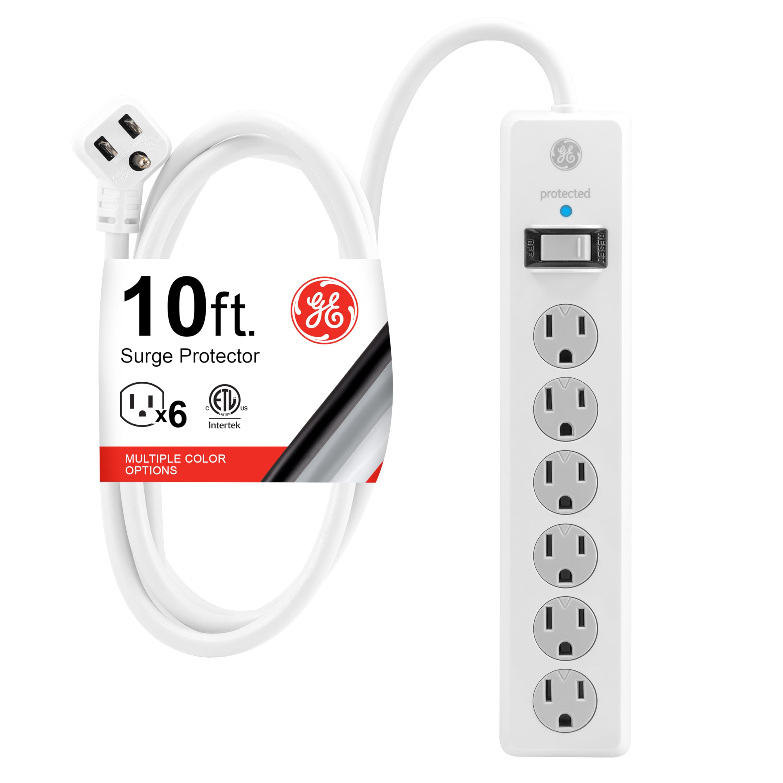 GE Surge Protector Power Strip, 10 Ft Extension Cord, 6 Outlet Extender, 800 Joules, Flat Plug, Twist-to-Close Safety Covers, ETL Listed, White, 14092