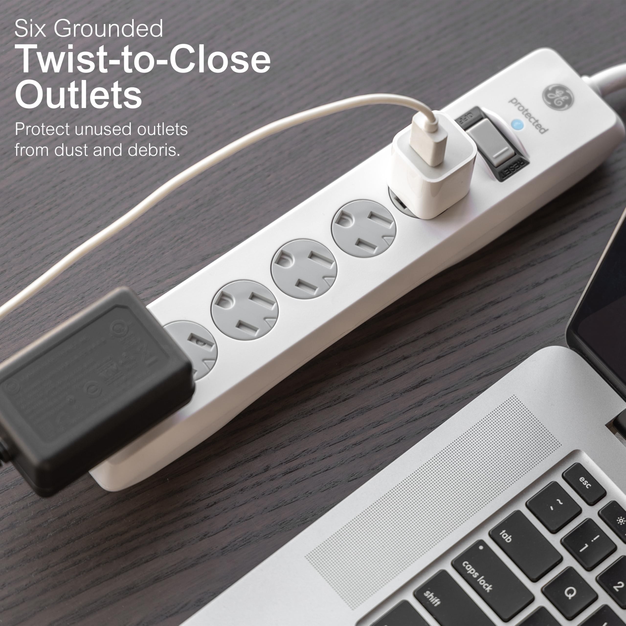 GE Surge Protector Power Strip, 10 Ft Extension Cord, 6 Outlet Extender, 800 Joules, Flat Plug, Twist-to-Close Safety Covers, ETL Listed, White, 2 Pack, 46862 - Image 2