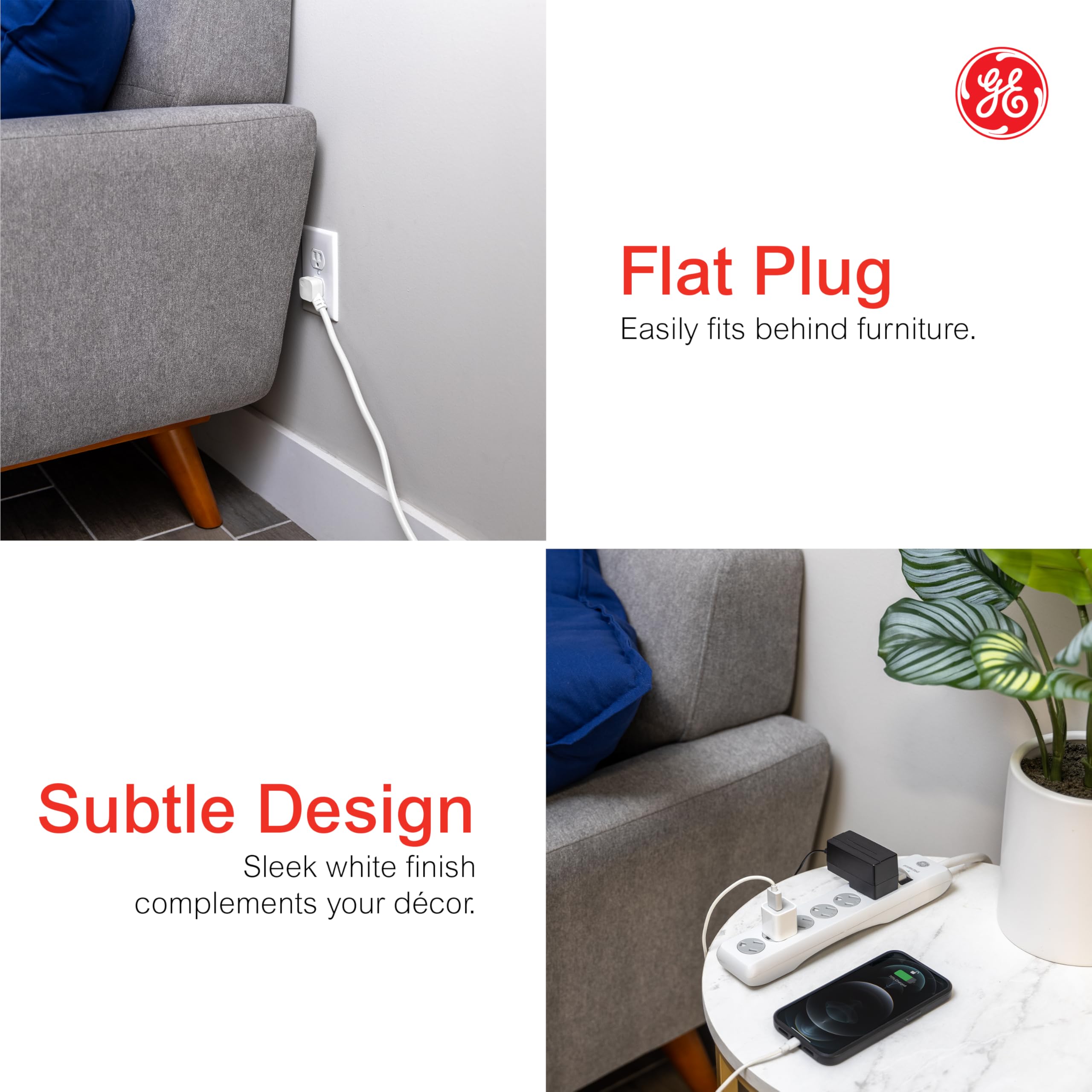GE Surge Protector Power Strip, 10 Ft Extension Cord, 6 Outlet Extender, 800 Joules, Flat Plug, Twist-to-Close Safety Covers, ETL Listed, White, 2 Pack, 46862 - Image 3