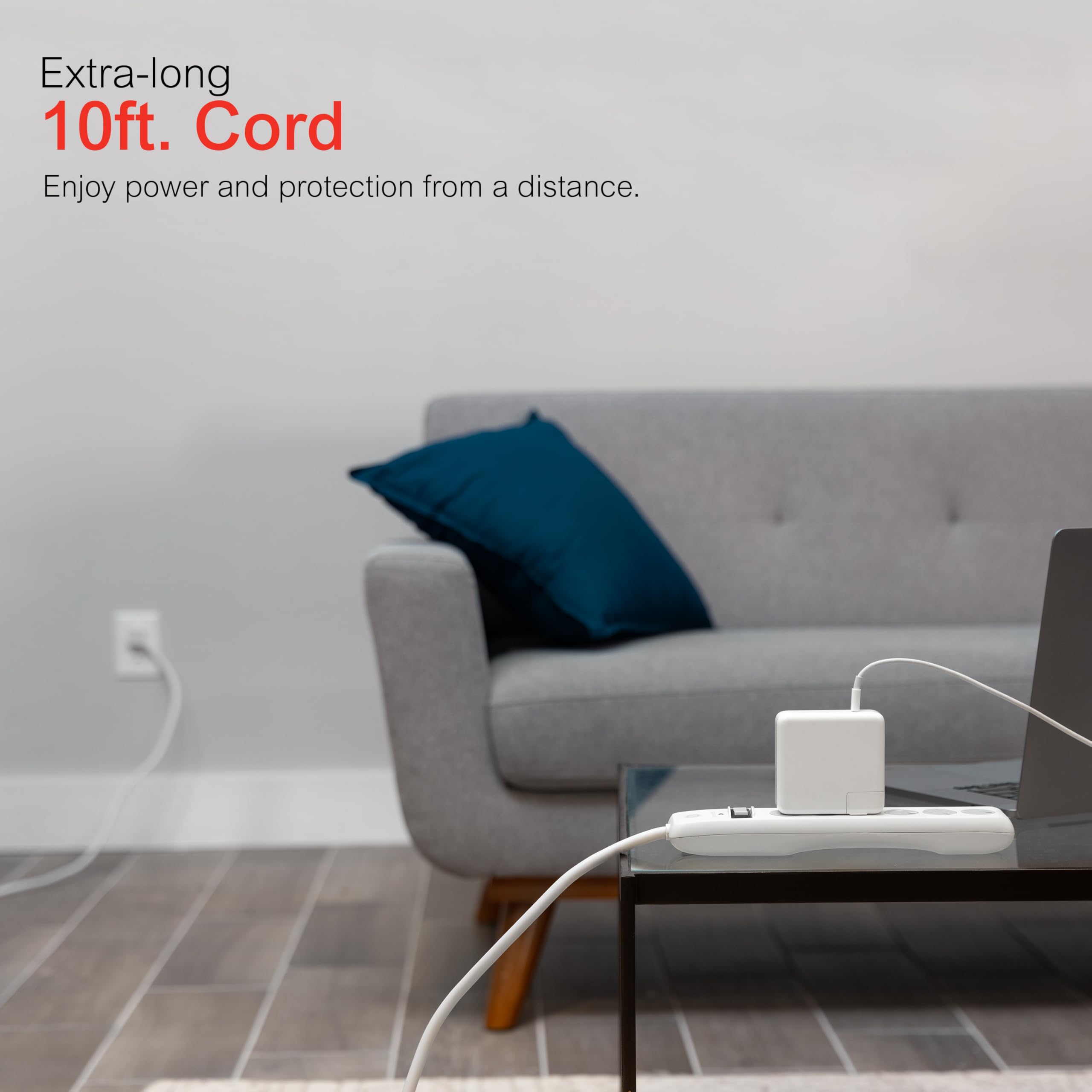 GE Surge Protector Power Strip, 10 Ft Extension Cord, 6 Outlet Extender, 800 Joules, Flat Plug, Twist-to-Close Safety Covers, ETL Listed, White, 2 Pack, 46862 - Image 4