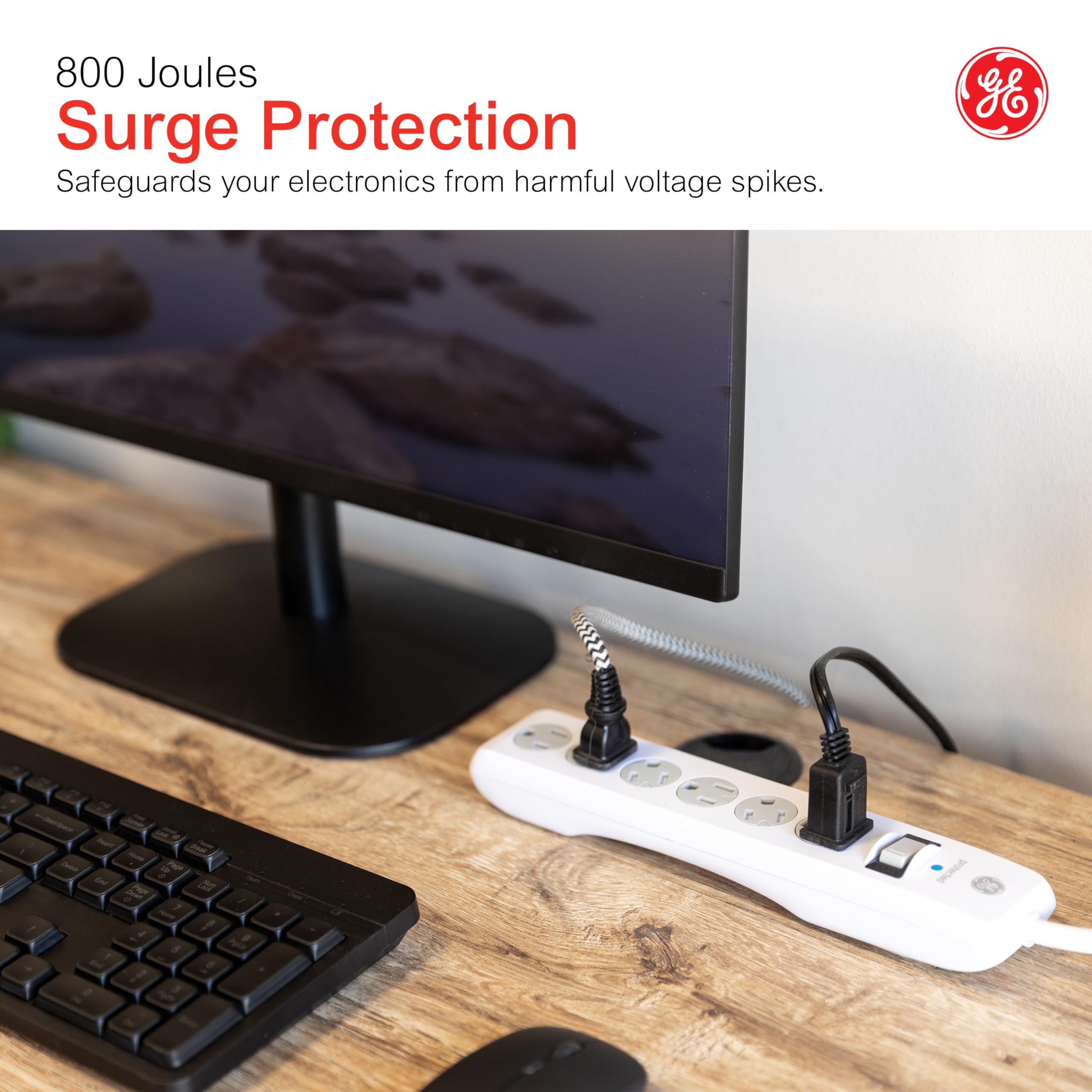 GE Surge Protector Power Strip, 10 Ft Extension Cord, 6 Outlet Extender, 800 Joules, Flat Plug, Twist-to-Close Safety Covers, ETL Listed, White, 2 Pack, 46862 - Image 6