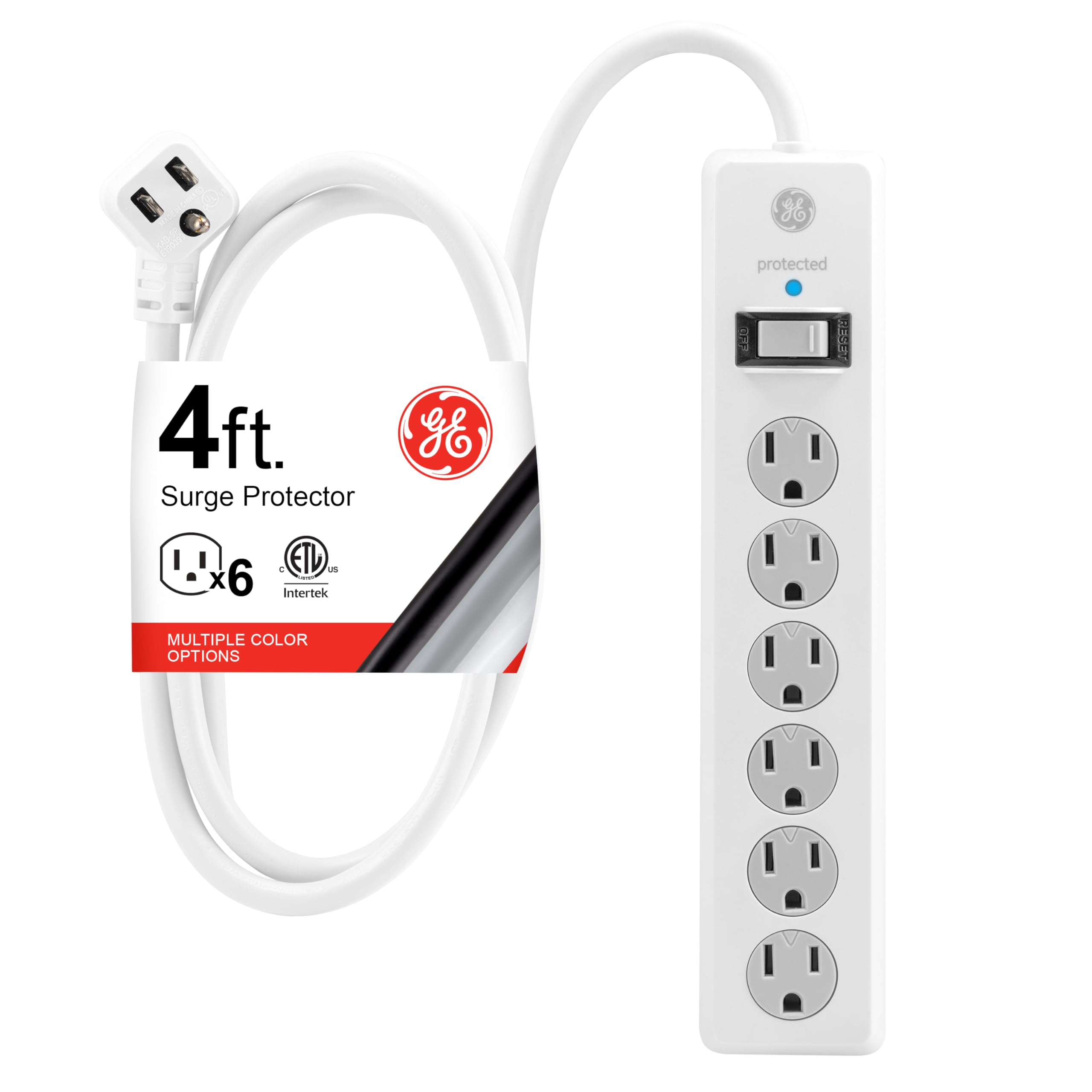GE Surge Protector Power Strip, 4 Ft Extension Cord, 6 Outlet Extender, 800 Joules, Flat Plug, Twist-to-Close Safety Covers, ETL Listed, White, 33658