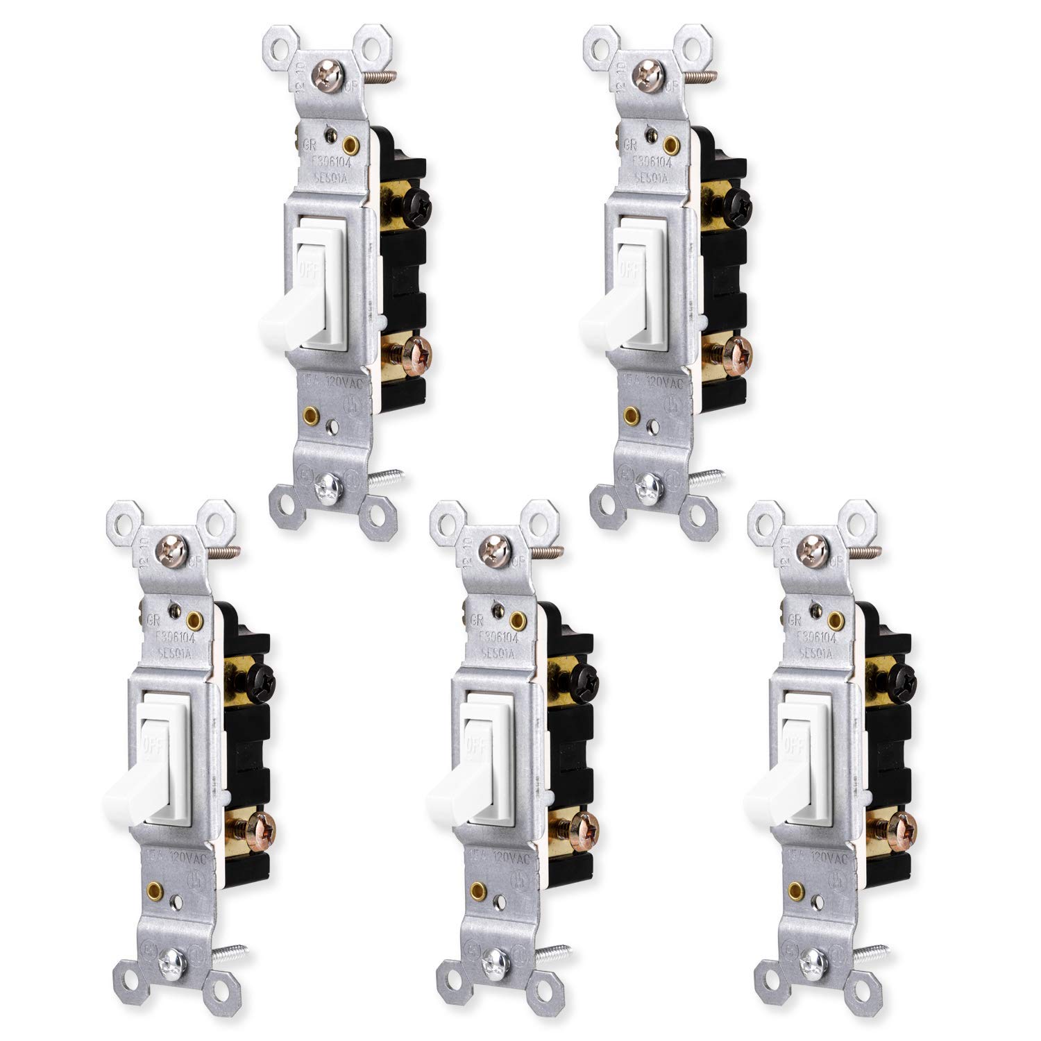 GE Switch, White, Grounding Toggle 5 Pack, Single Pole, in Wall On/Off Fan & Light Replacement, 15 Amp, for Home, Office & Kitchen, UL Listed, Wallplate not Included, 44034