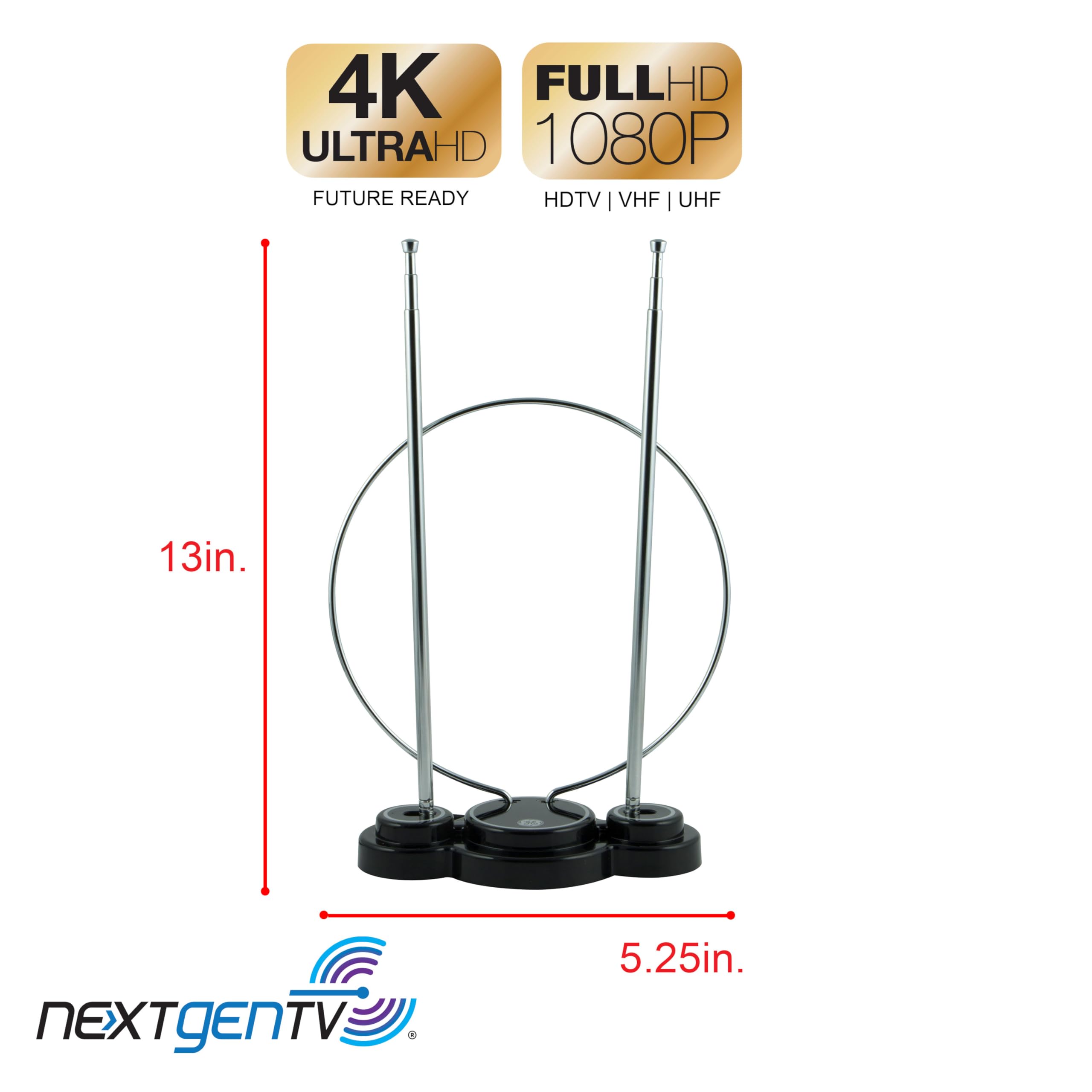 GE Traditional Rabbit Ears Indoor Black TV Antenna, 15 inch Extendable Dipoles and Circular Loop, Tabletop Antenna, Digital, HDTV Antenna, Smart TV Compatible, 4K 1080P VHF UHF, Compact Design, 33676 Rabbit Ear Antenna - Image 3