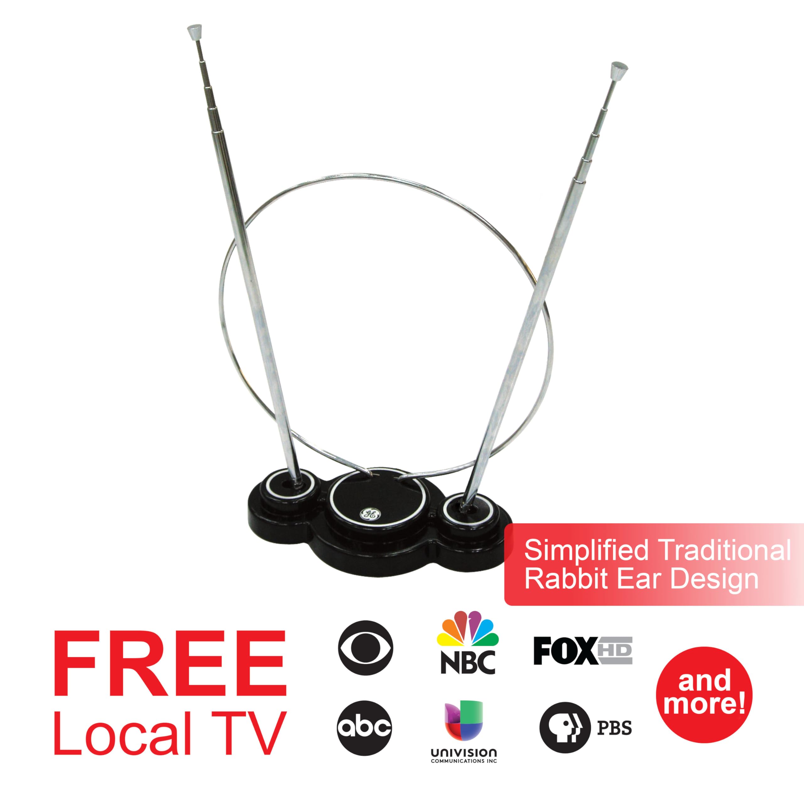 GE Traditional Rabbit Ears Indoor Black TV Antenna, 15 inch Extendable Dipoles and Circular Loop, Tabletop Antenna, Digital, HDTV Antenna, Smart TV Compatible, 4K 1080P VHF UHF, Compact Design, 33676 Rabbit Ear Antenna - Image 4