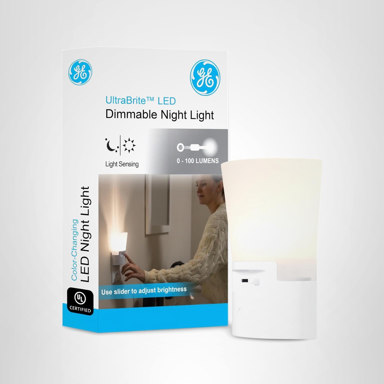 GE Ultrabrite Dimmable Sconce LED Night Light GEPlug-In, Energy Efficient, Dusk-to-Dawn Sensor, Adjustable Brightness, Ideal for Bedroom, Bathroom, Hallway, Nursery, White, 45123, 1 Pack, - Image 10