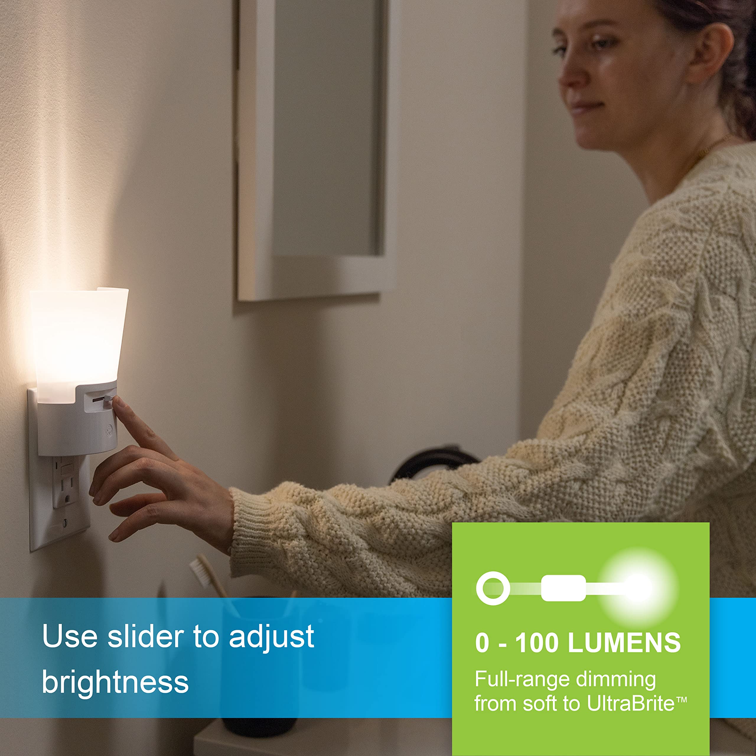 GE Ultrabrite Dimmable Sconce LED Night Light GEPlug-In, Energy Efficient, Dusk-to-Dawn Sensor, Adjustable Brightness, Ideal for Bedroom, Bathroom, Hallway, Nursery, White, 45123, 1 Pack, - Image 3