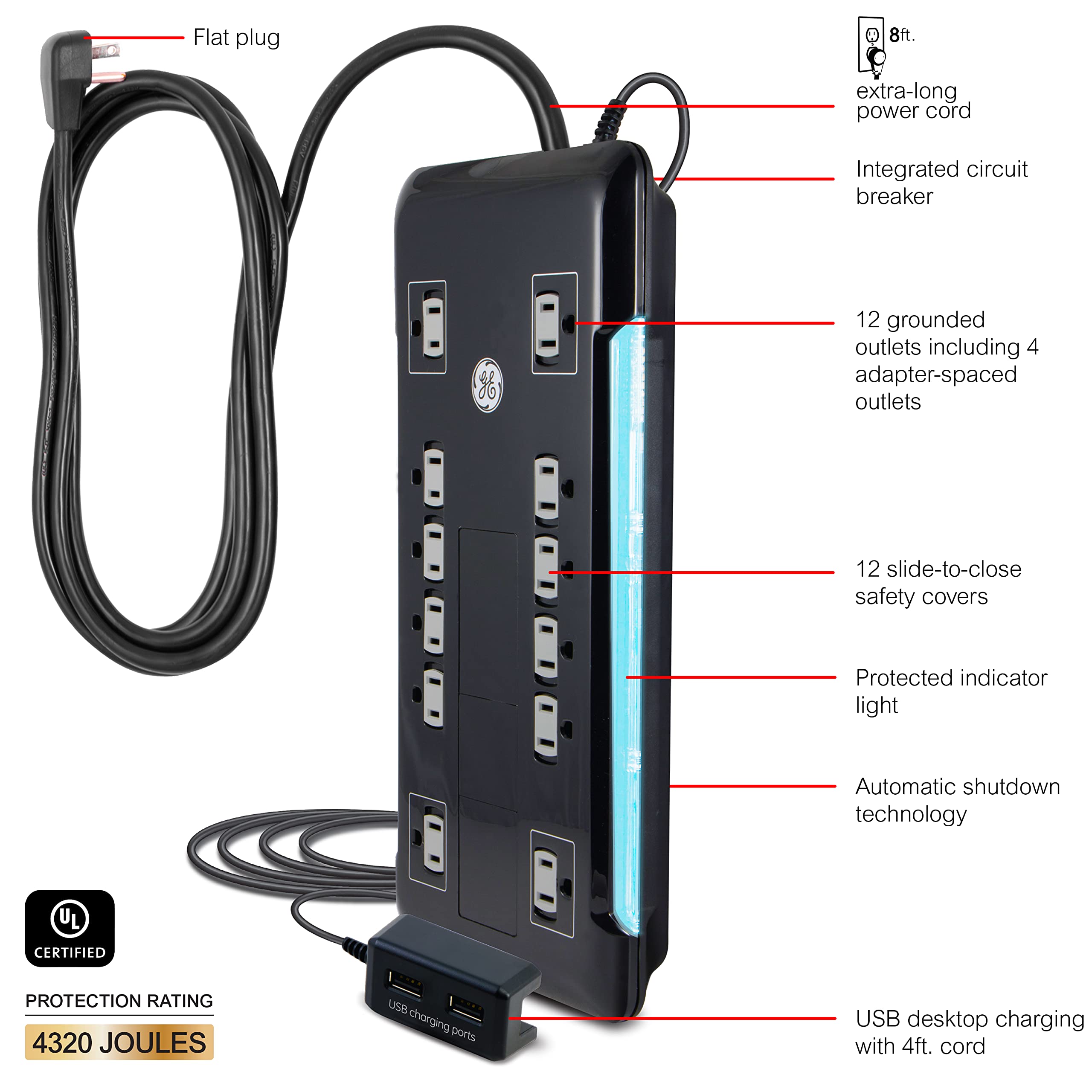 GE UltraPro 12 Outlet Surge Protector, Tethered 2 USB Ports, 8 Ft Power Cord, 4320 Joules, Flat Plug, Power Filter, Circuit Breaker, Warranty, UL Listed, Black, 11824 - Image 2