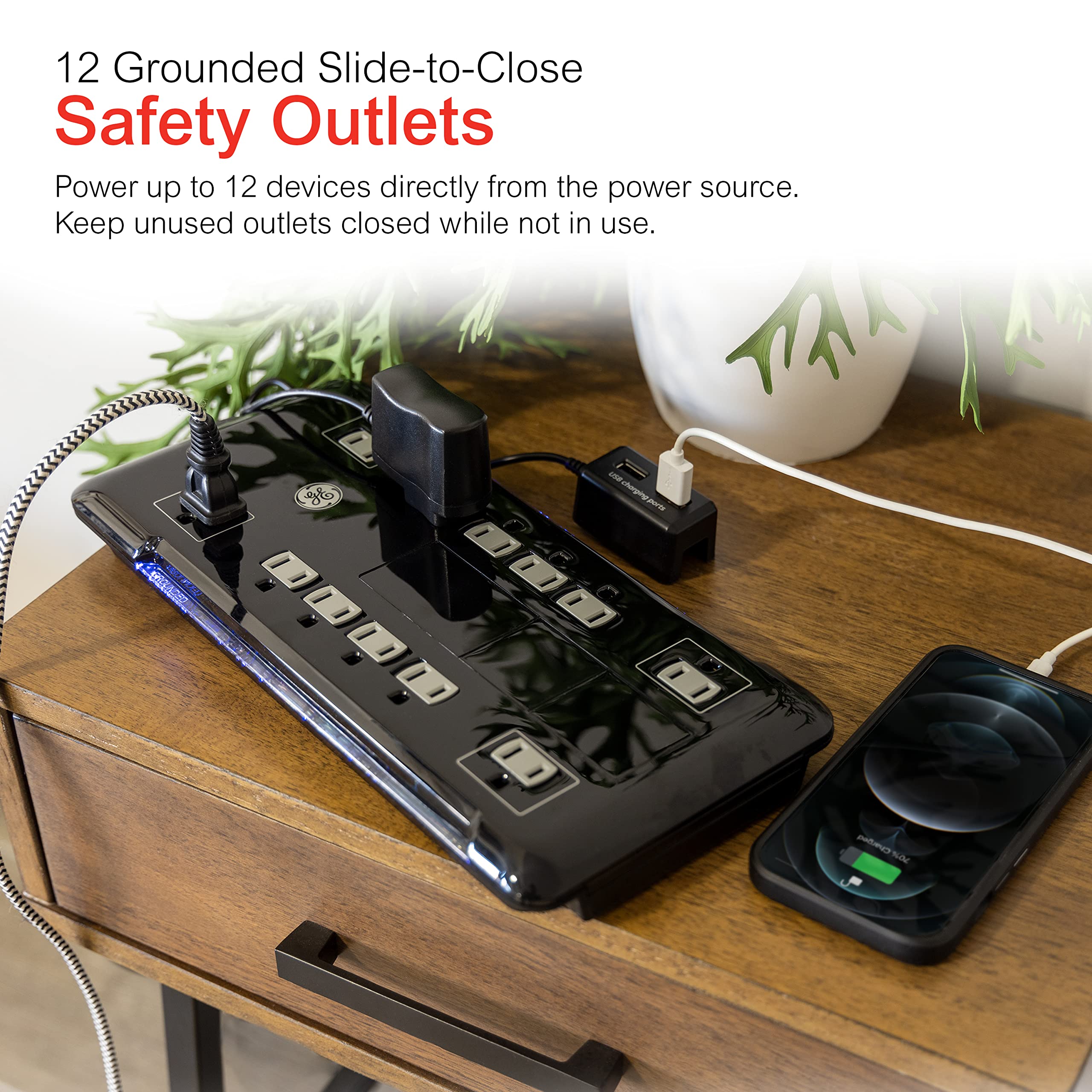 GE UltraPro 12 Outlet Surge Protector, Tethered 2 USB Ports, 8 Ft Power Cord, 4320 Joules, Flat Plug, Power Filter, Circuit Breaker, Warranty, UL Listed, Black, 11824 - Image 3