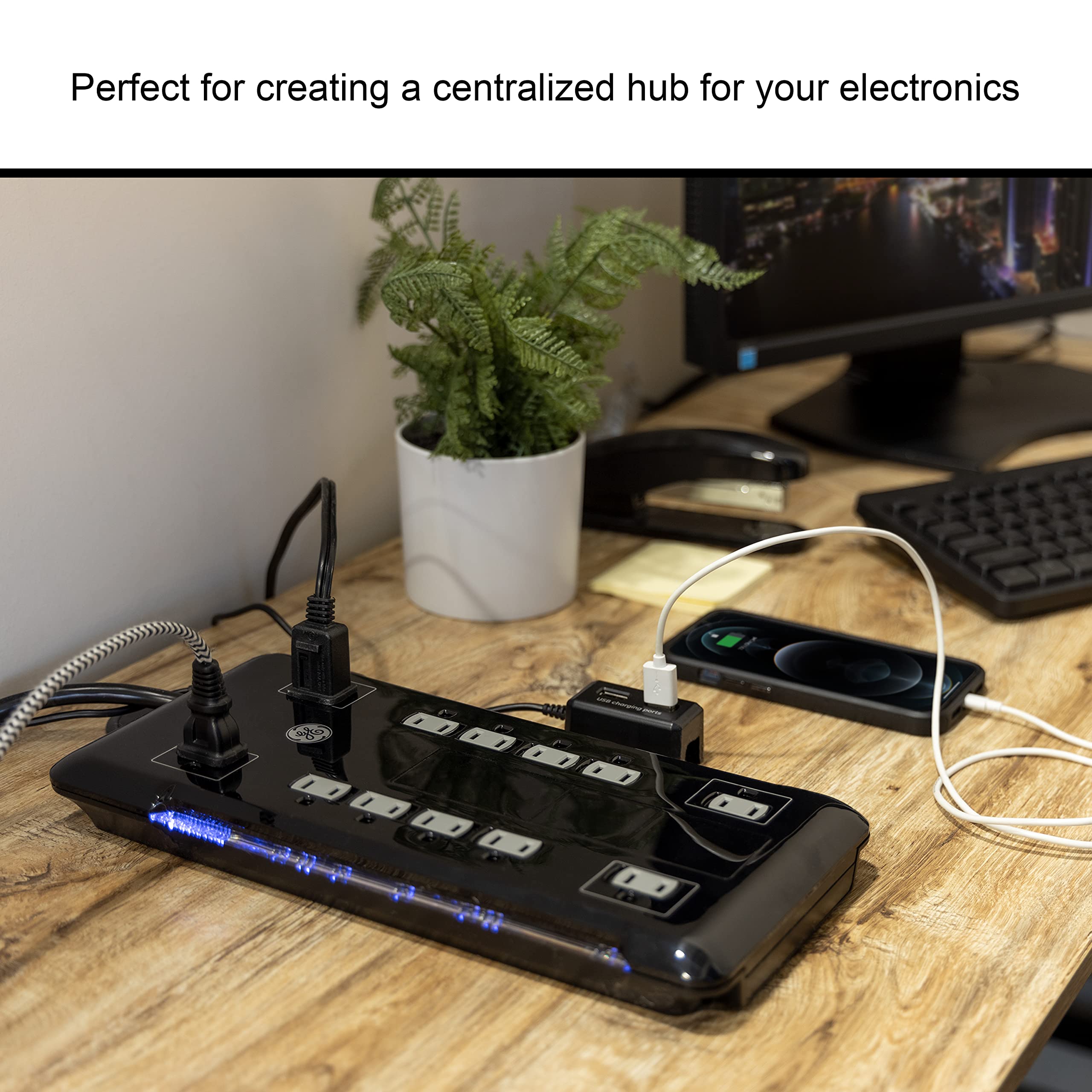 GE UltraPro 12 Outlet Surge Protector, Tethered 2 USB Ports, 8 Ft Power Cord, 4320 Joules, Flat Plug, Power Filter, Circuit Breaker, Warranty, UL Listed, Black, 11824 - Image 7