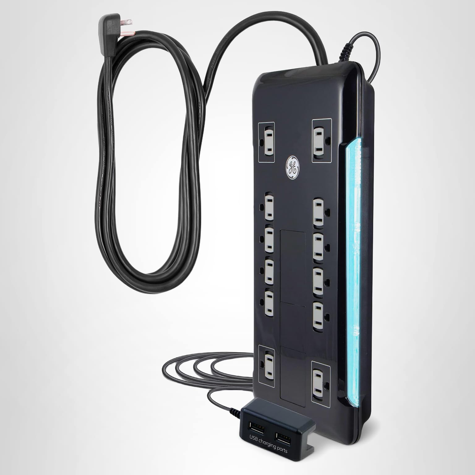 GE UltraPro 12 Outlet Surge Protector, Tethered 2 USB Ports, 8 Ft Power Cord, 4320 Joules, Flat Plug, Power Filter, Circuit Breaker, Warranty, UL Listed, Black, 11824 - Image 9
