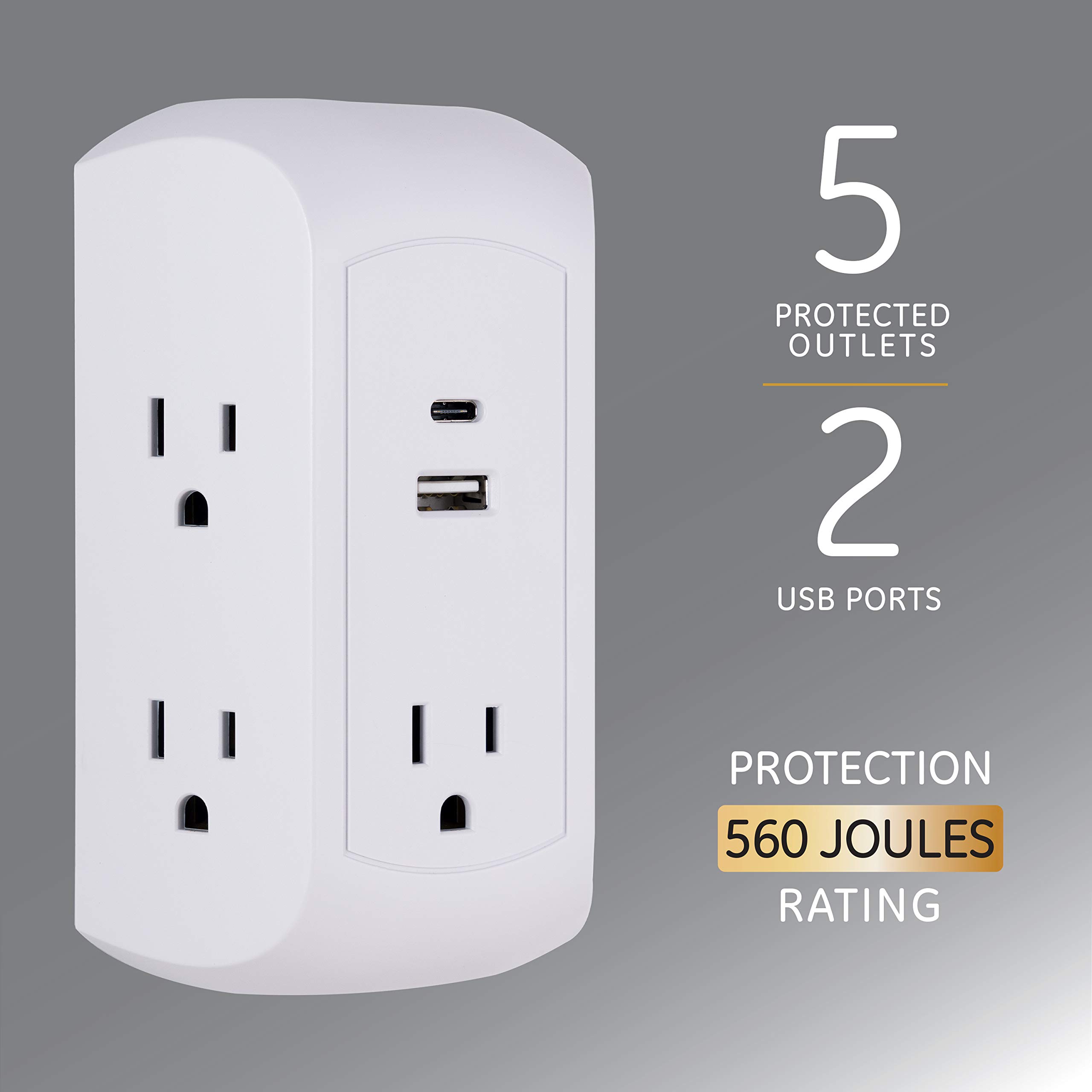 GE UltraPro 5-Outlet Extender with USB and USB-C Port, Surge Protector, Spaced Wall Tap, Side-Access, Charging Station, for iPhone/iPad/Samsung Galaxy/Google Pixel, 560 Joules, UL Listed, White, 43650 - Image 2
