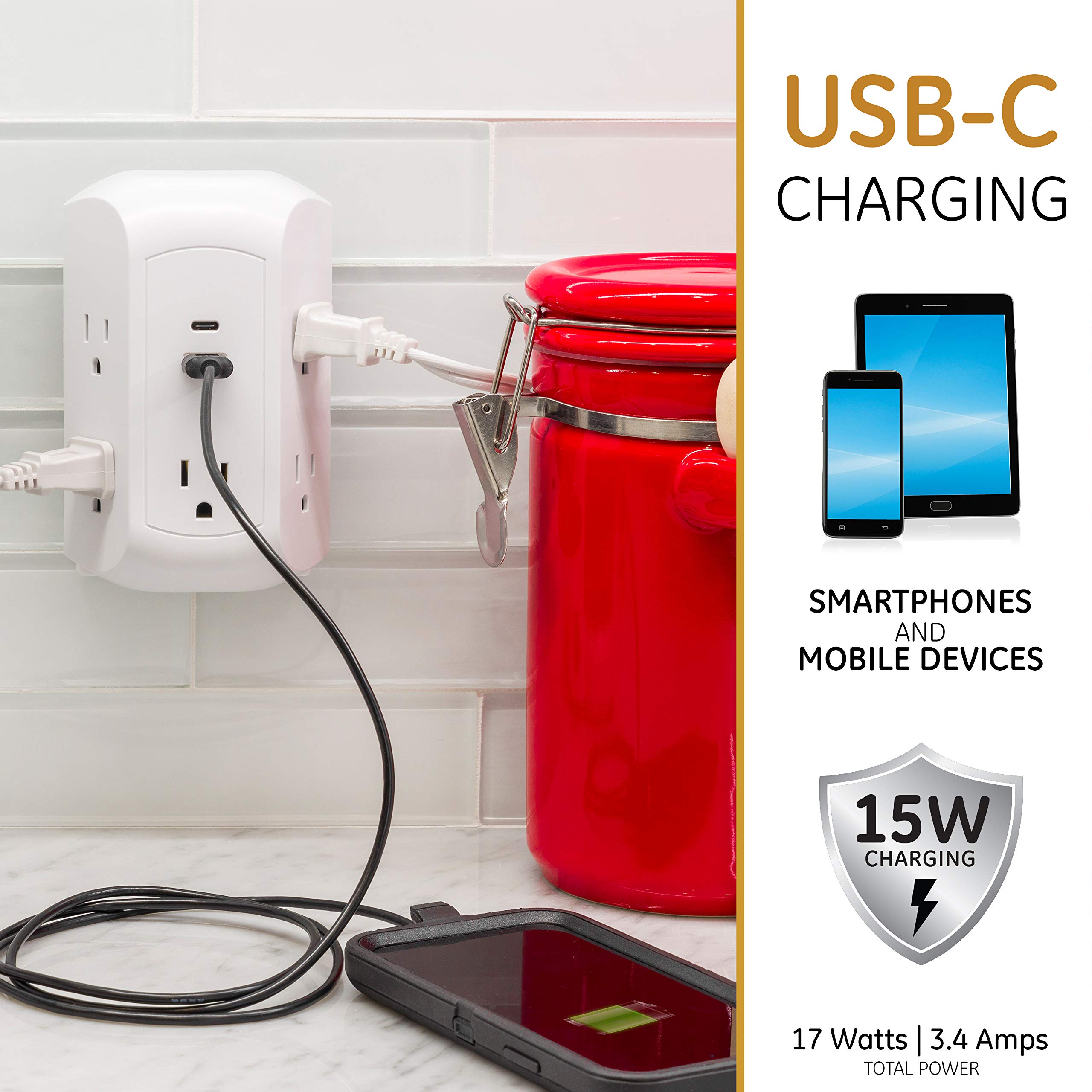GE UltraPro 5-Outlet Extender with USB and USB-C Port, Surge Protector, Spaced Wall Tap, Side-Access, Charging Station, for iPhone/iPad/Samsung Galaxy/Google Pixel, 560 Joules, UL Listed, White, 43650 - Image 3
