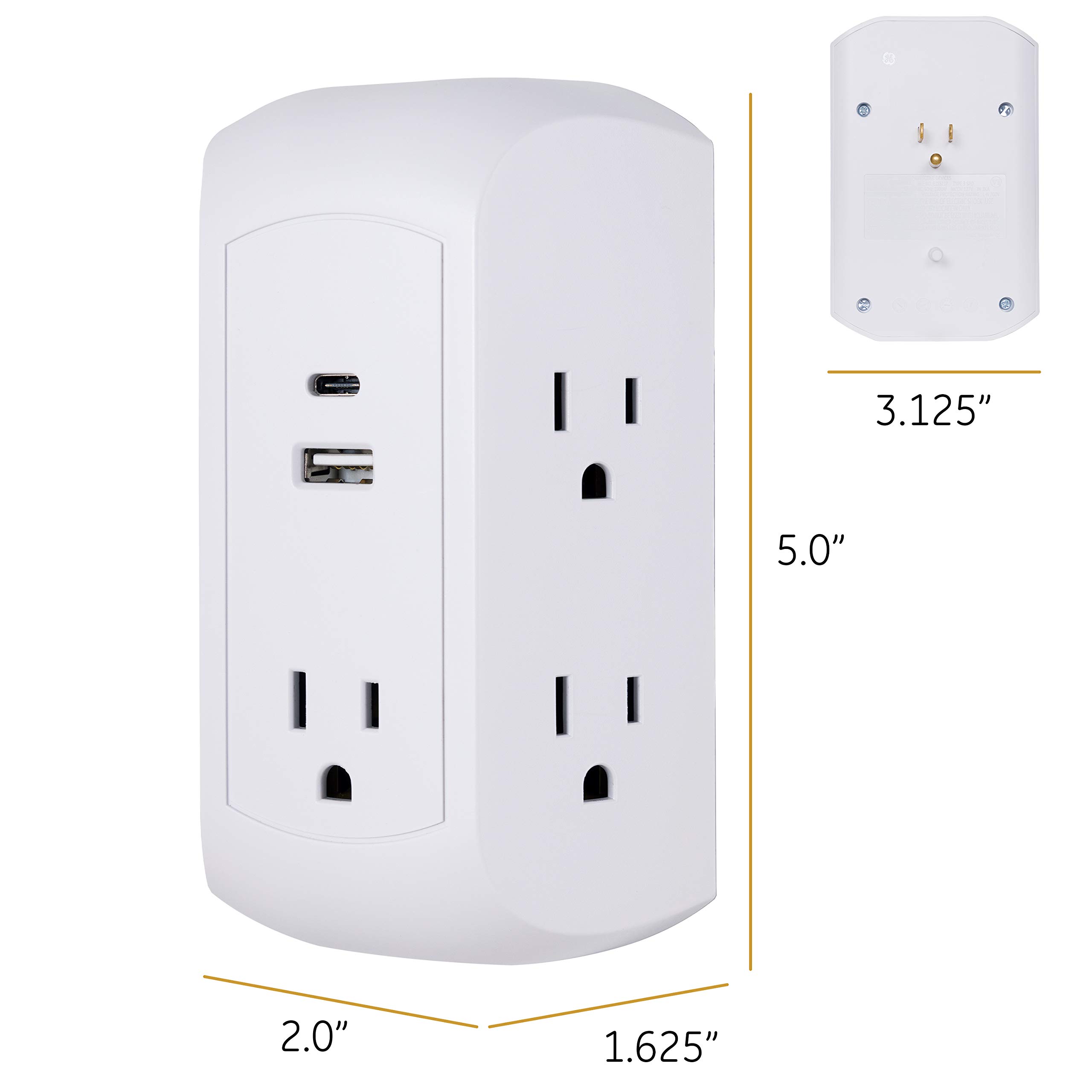 GE UltraPro 5-Outlet Extender with USB and USB-C Port, Surge Protector, Spaced Wall Tap, Side-Access, Charging Station, for iPhone/iPad/Samsung Galaxy/Google Pixel, 560 Joules, UL Listed, White, 43650 - Image 4