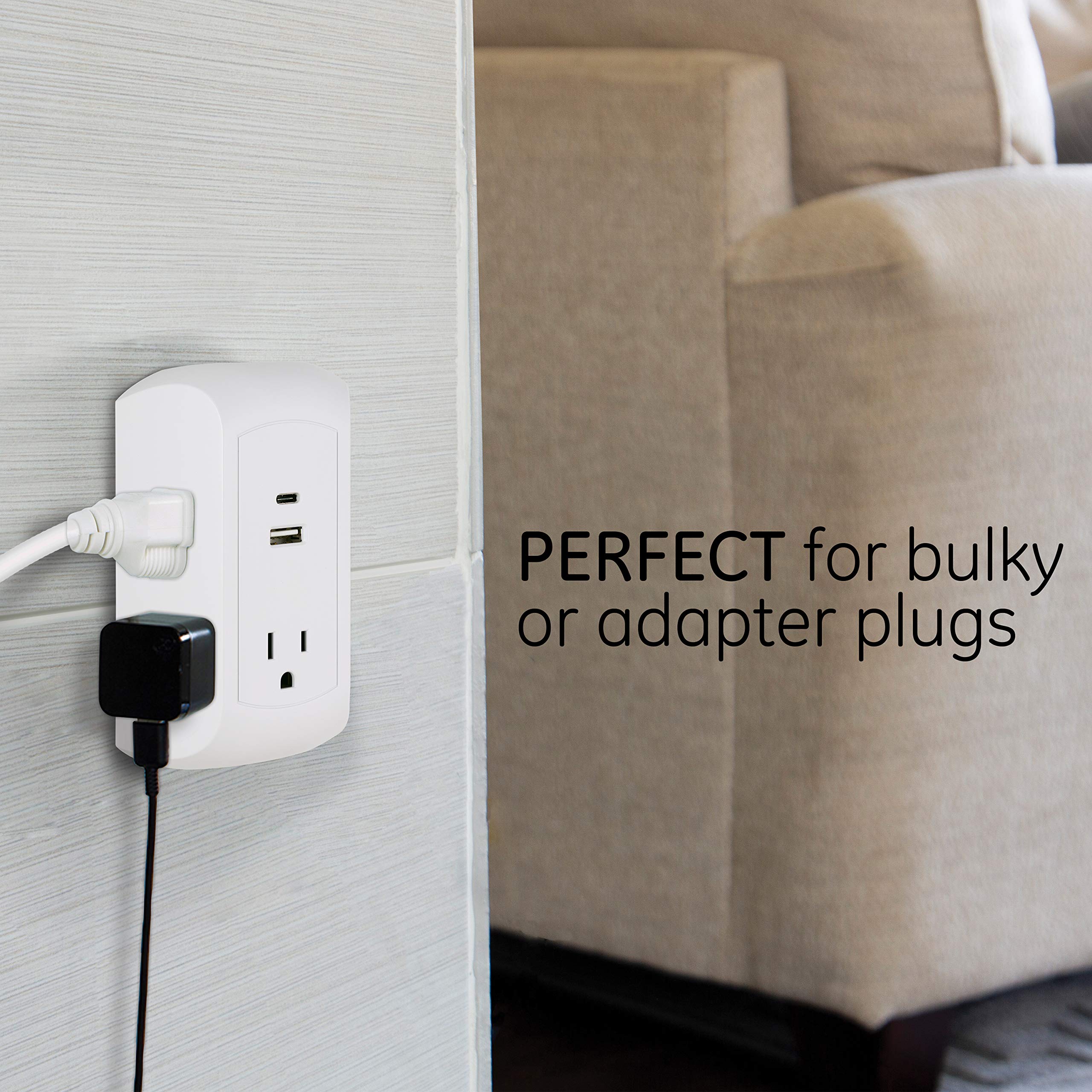 GE UltraPro 5-Outlet Extender with USB and USB-C Port, Surge Protector, Spaced Wall Tap, Side-Access, Charging Station, for iPhone/iPad/Samsung Galaxy/Google Pixel, 560 Joules, UL Listed, White, 43650 - Image 5
