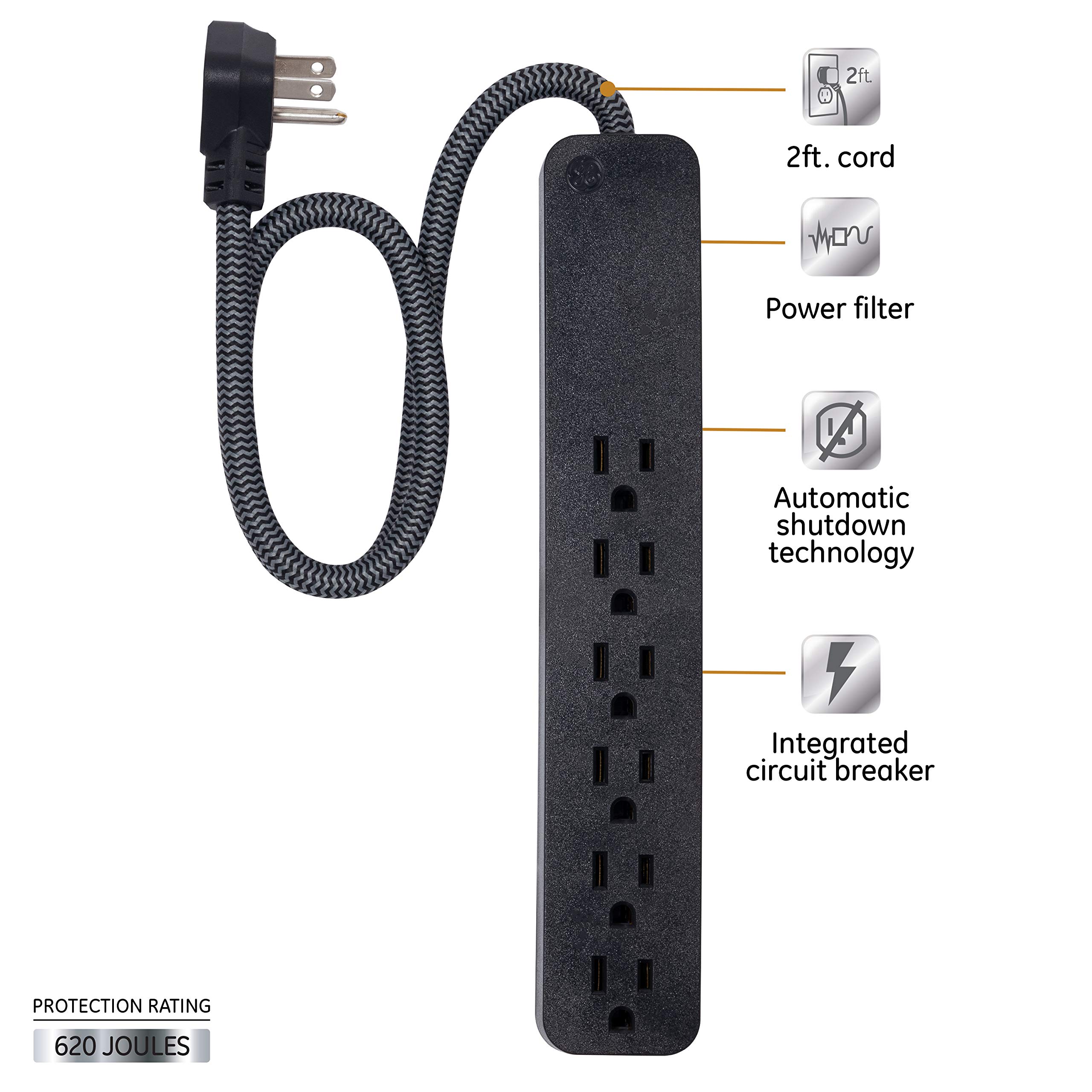 GE UltraPro 6 Outlet Surge Protector, 2 Ft Designer Braided Extension Cord, Flat Plug, Long Power Cord, Wall Mount, Black, 44070 - Image 2