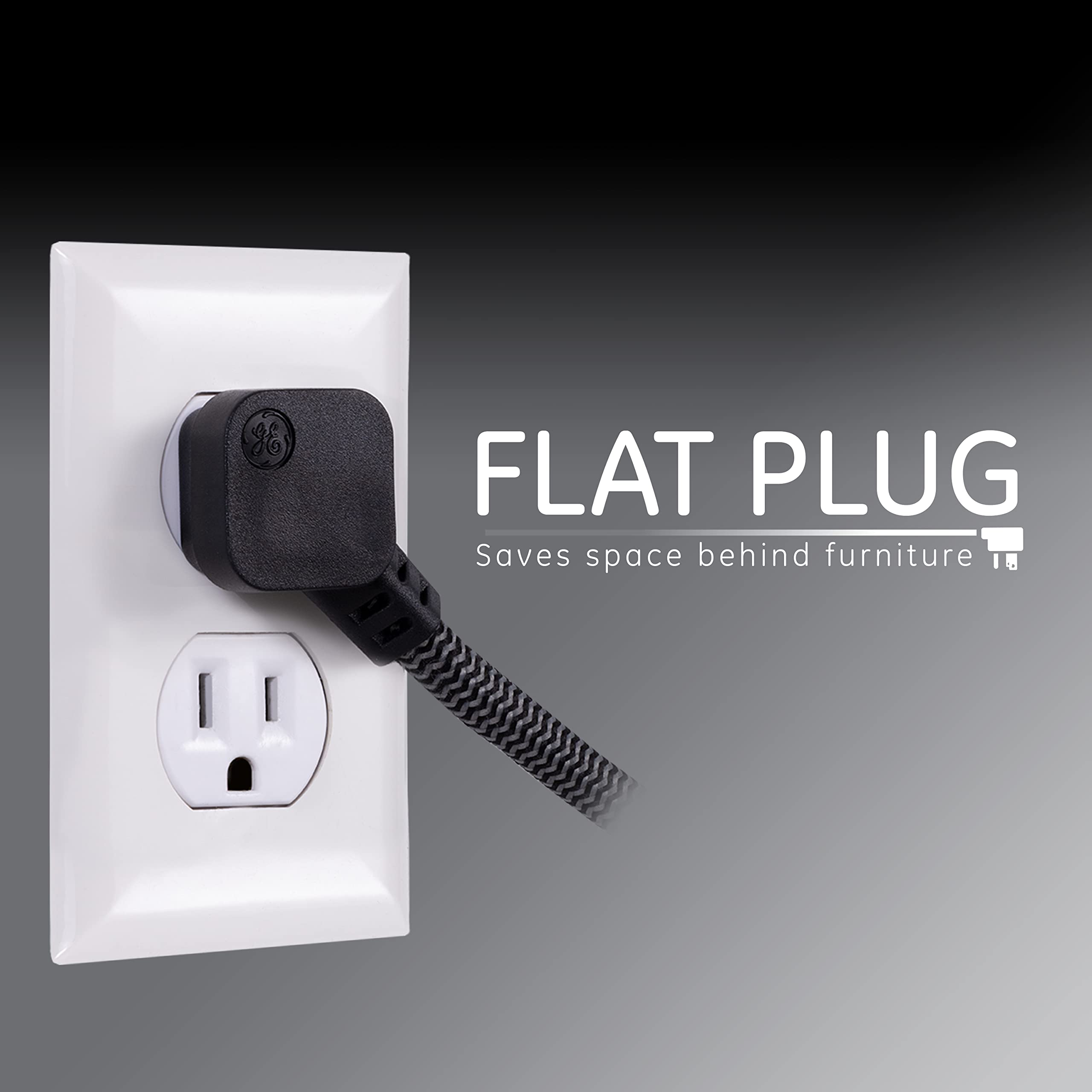 GE UltraPro 6 Outlet Surge Protector, 2 Ft Designer Braided Extension Cord, Flat Plug, Long Power Cord, Wall Mount, Black, 44070 - Image 4