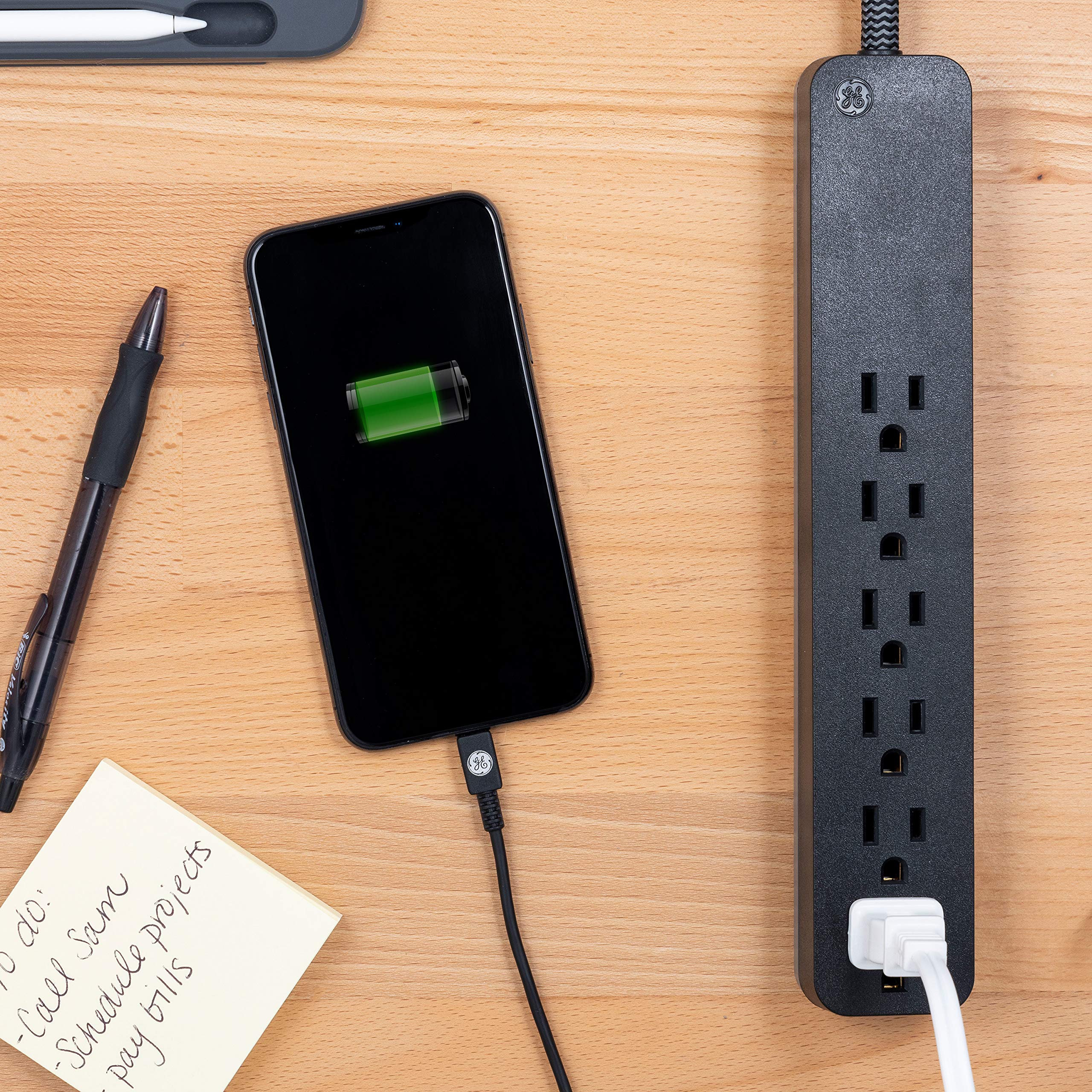GE UltraPro 6 Outlet Surge Protector, 2 Ft Designer Braided Extension Cord, Flat Plug, Long Power Cord, Wall Mount, Black, 44070 - Image 6
