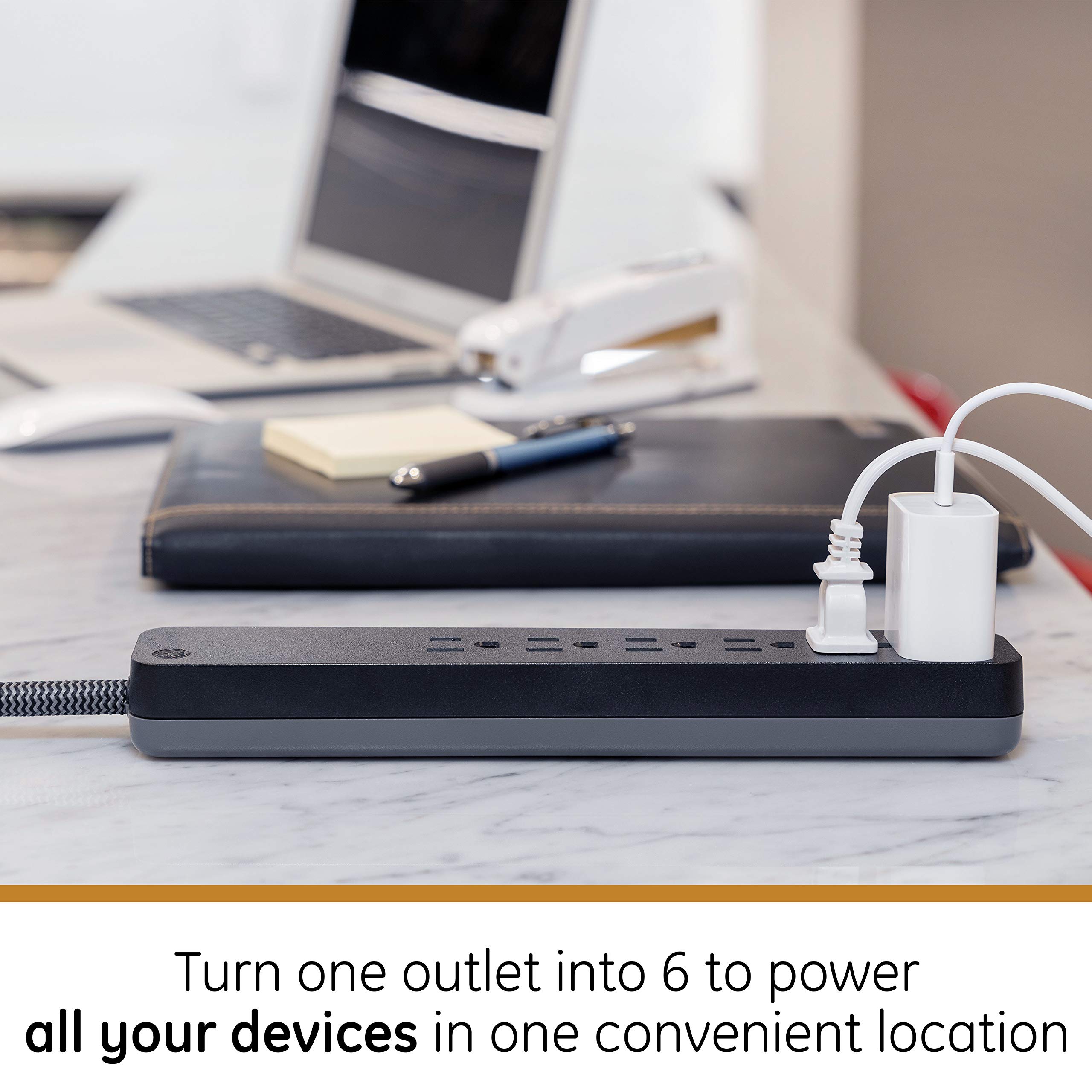 GE UltraPro 6 Outlet Surge Protector, 2 Ft Designer Braided Extension Cord, Flat Plug, Long Power Cord, Wall Mount, Black, 44070 - Image 7