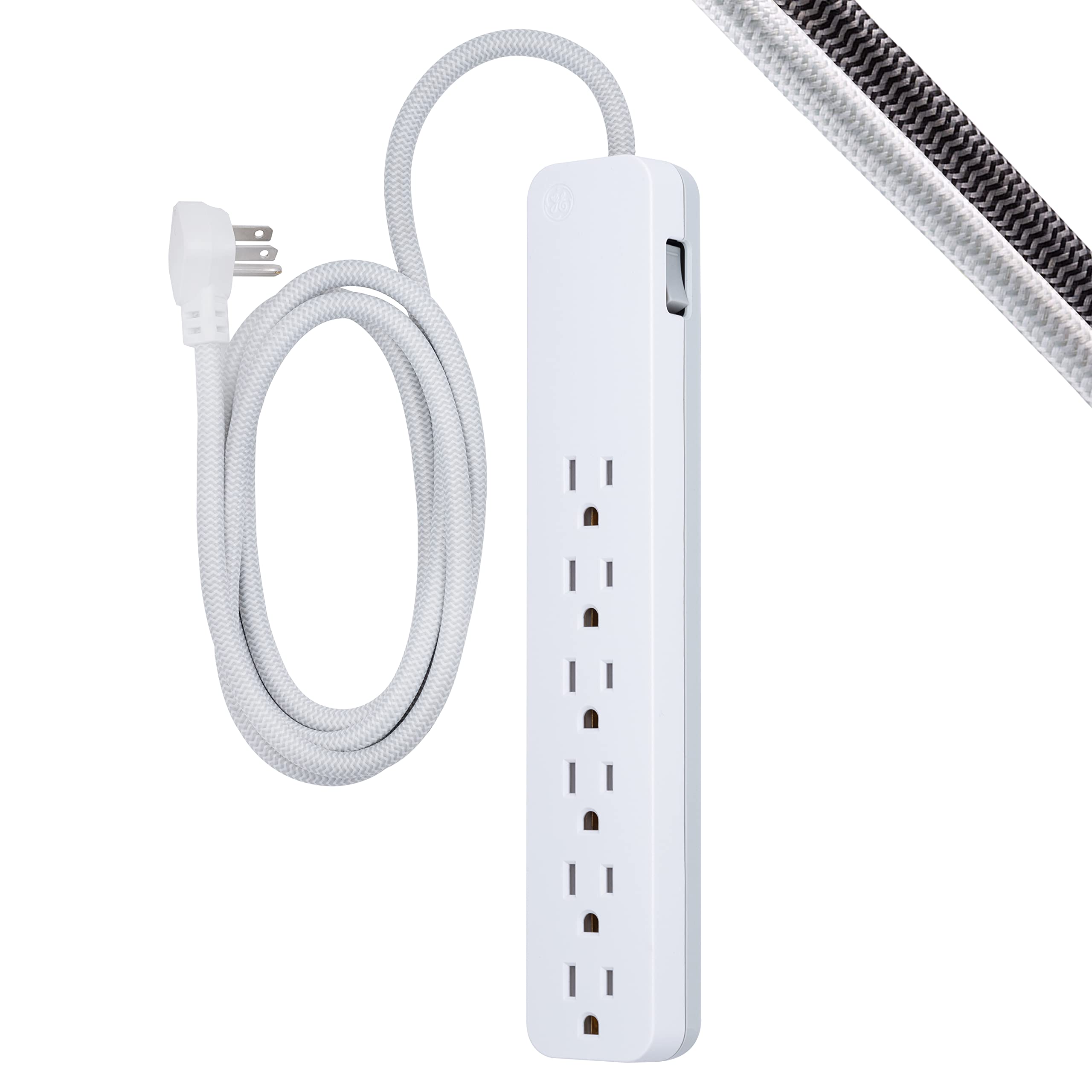 GE UltraPro 6 Outlet Surge Protector, 6 Ft Designer Braided Extension Cord, Flat Plug, Long Power Cord, Wall Mount, White, 45270