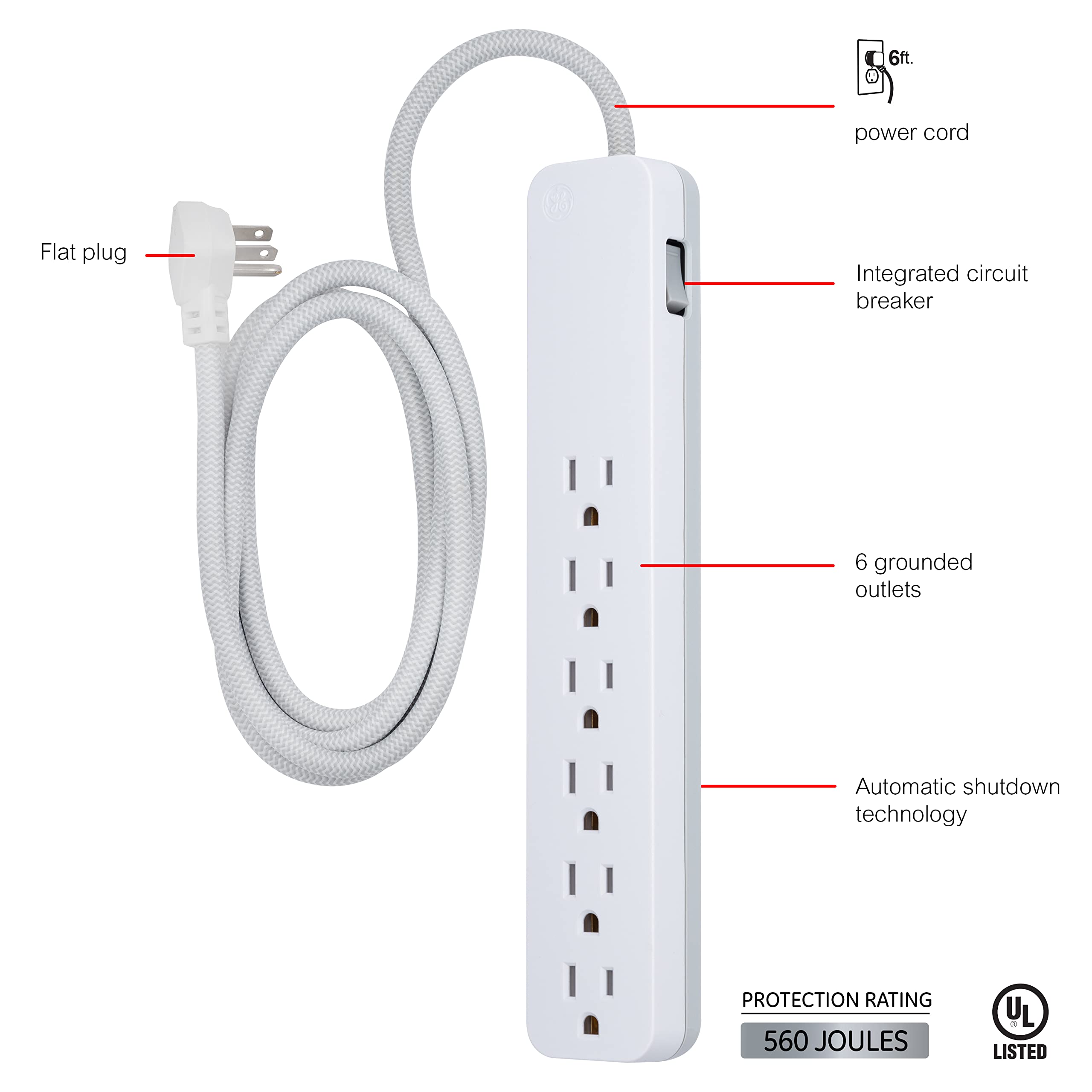 GE UltraPro 6 Outlet Surge Protector, 6 Ft Designer Braided Extension Cord, Flat Plug, Long Power Cord, Wall Mount, White, 45270 - Image 2