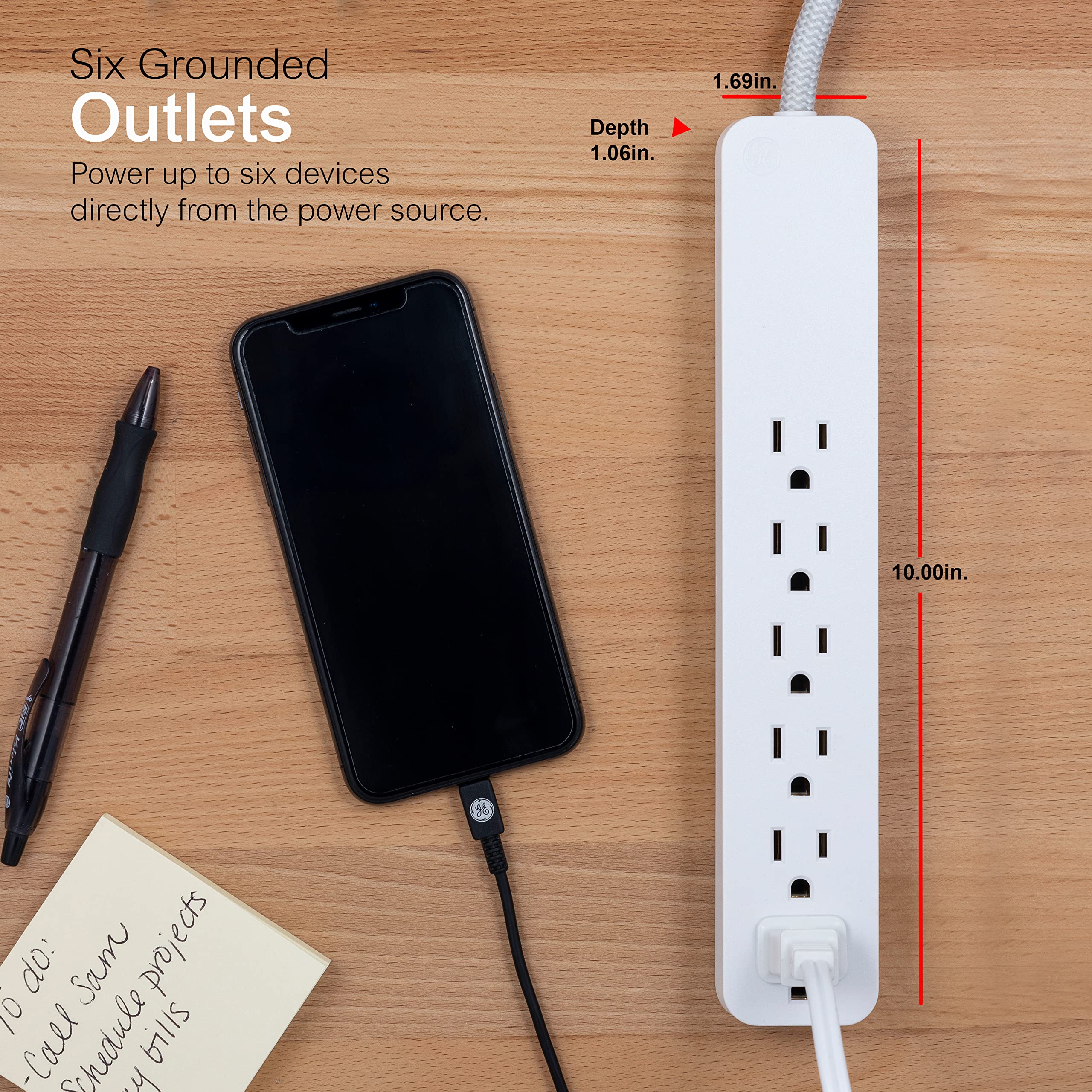 GE UltraPro 6 Outlet Surge Protector, 6 Ft Designer Braided Extension Cord, Flat Plug, Long Power Cord, Wall Mount, White, 45270 - Image 3