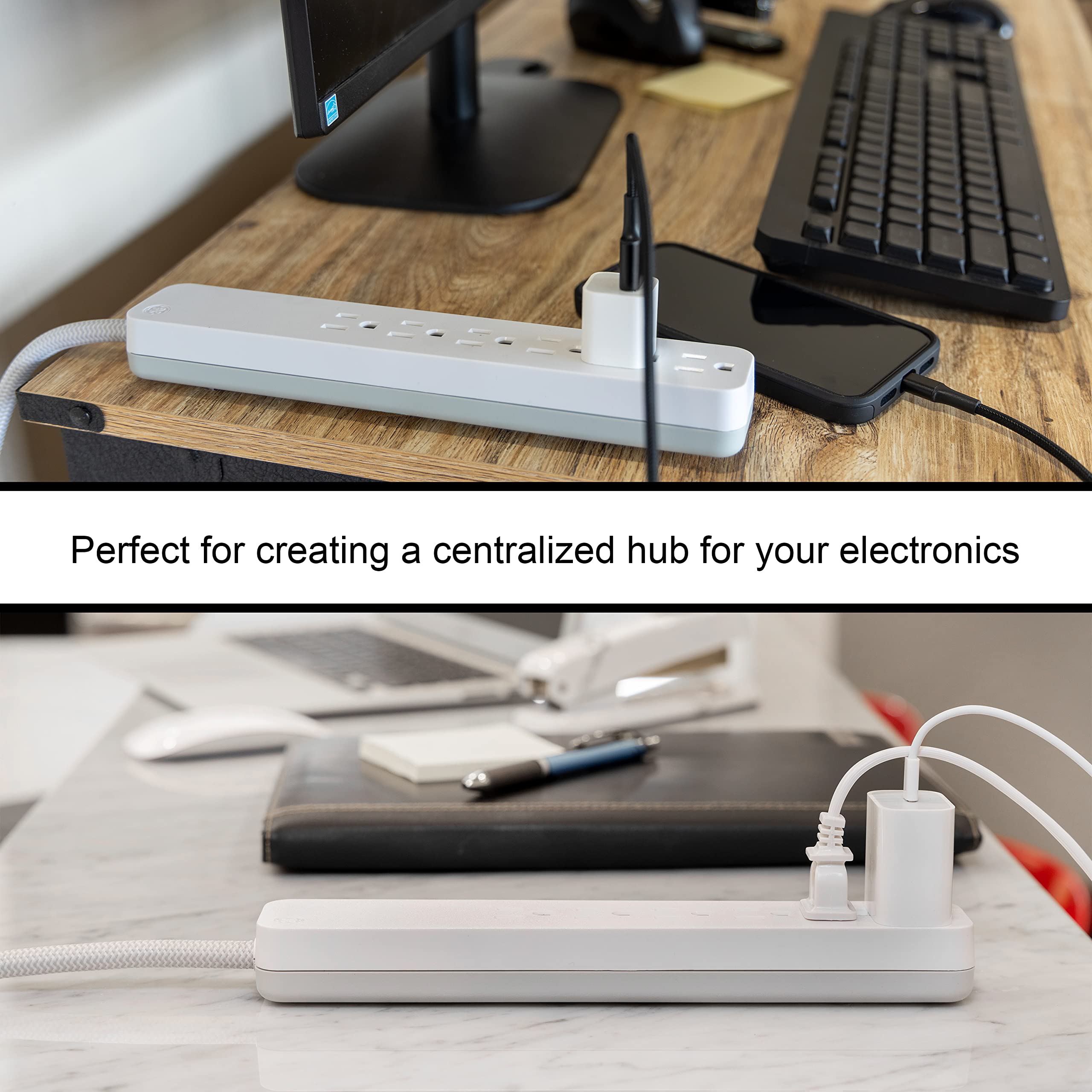 GE UltraPro 6 Outlet Surge Protector, 6 Ft Designer Braided Extension Cord, Flat Plug, Long Power Cord, Wall Mount, White, 45270 - Image 7
