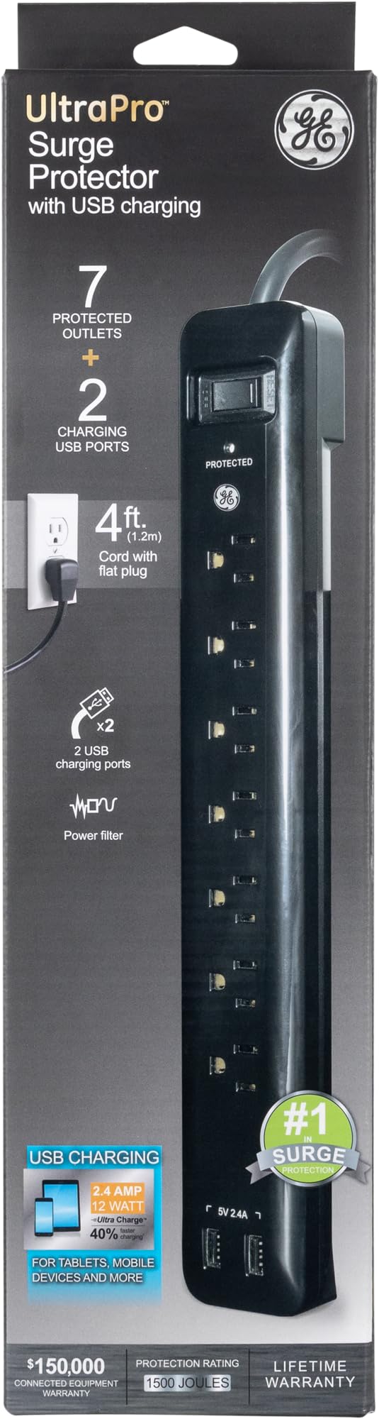 GE UltraPro 7-Outlet Surge Protector, 2 USB Ports, 4 Ft Power Cord, 1500 Joules, Flat Plug, Twist to Close Safety Covers, Power Filter, Circuit Breaker, Warranty, UL Listed, Black, 40482 - Image 6