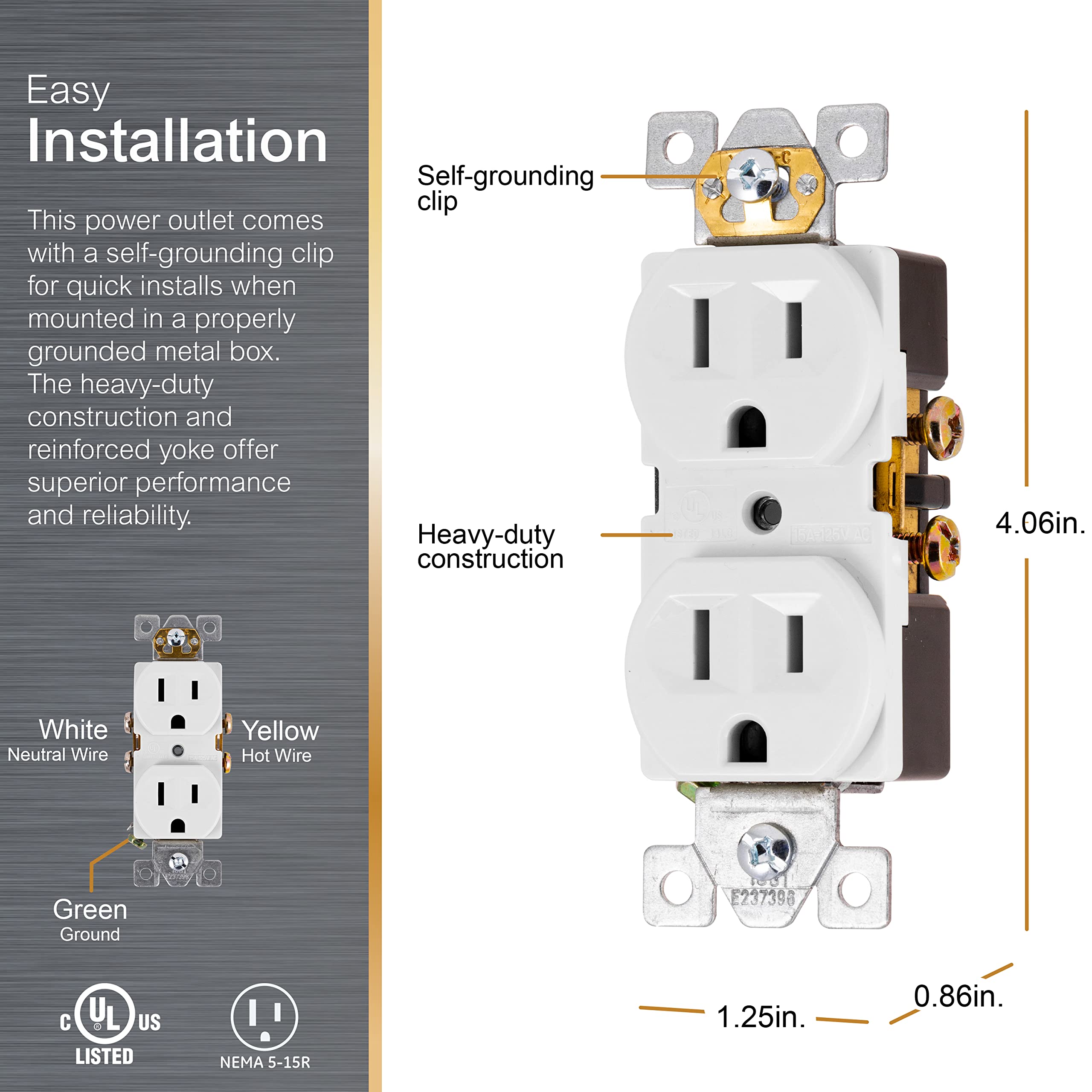 GE UltraPro Duplex Heavy-Duty Receptacle, White, Wall Outlet, Reinforced Yoke, Self-grounding Clip, 3 Prong, Supports 15A, UL Listed, 42157 - Image 2