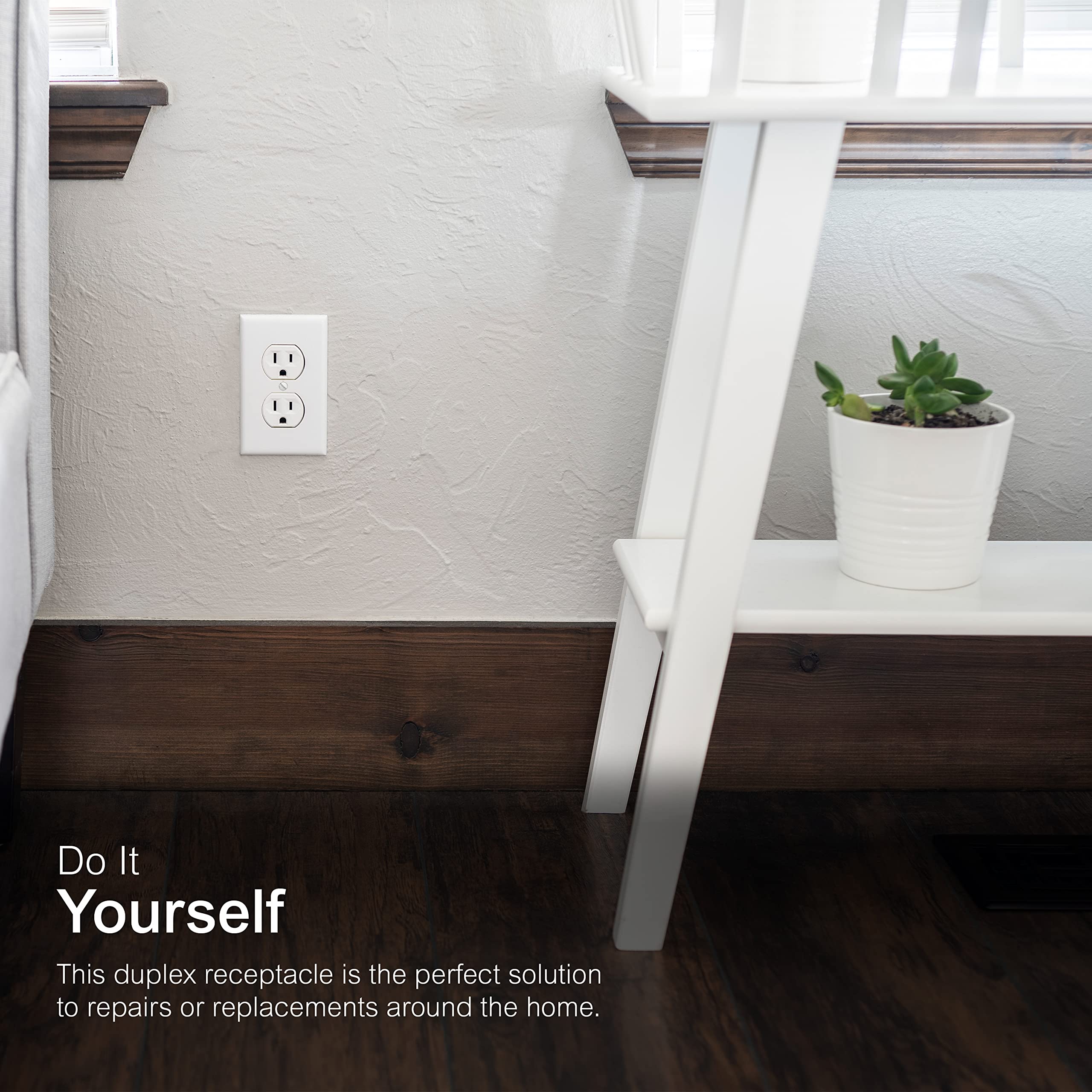 GE UltraPro Duplex Heavy-Duty Receptacle, White, Wall Outlet, Reinforced Yoke, Self-grounding Clip, 3 Prong, Supports 15A, UL Listed, 42157 - Image 3