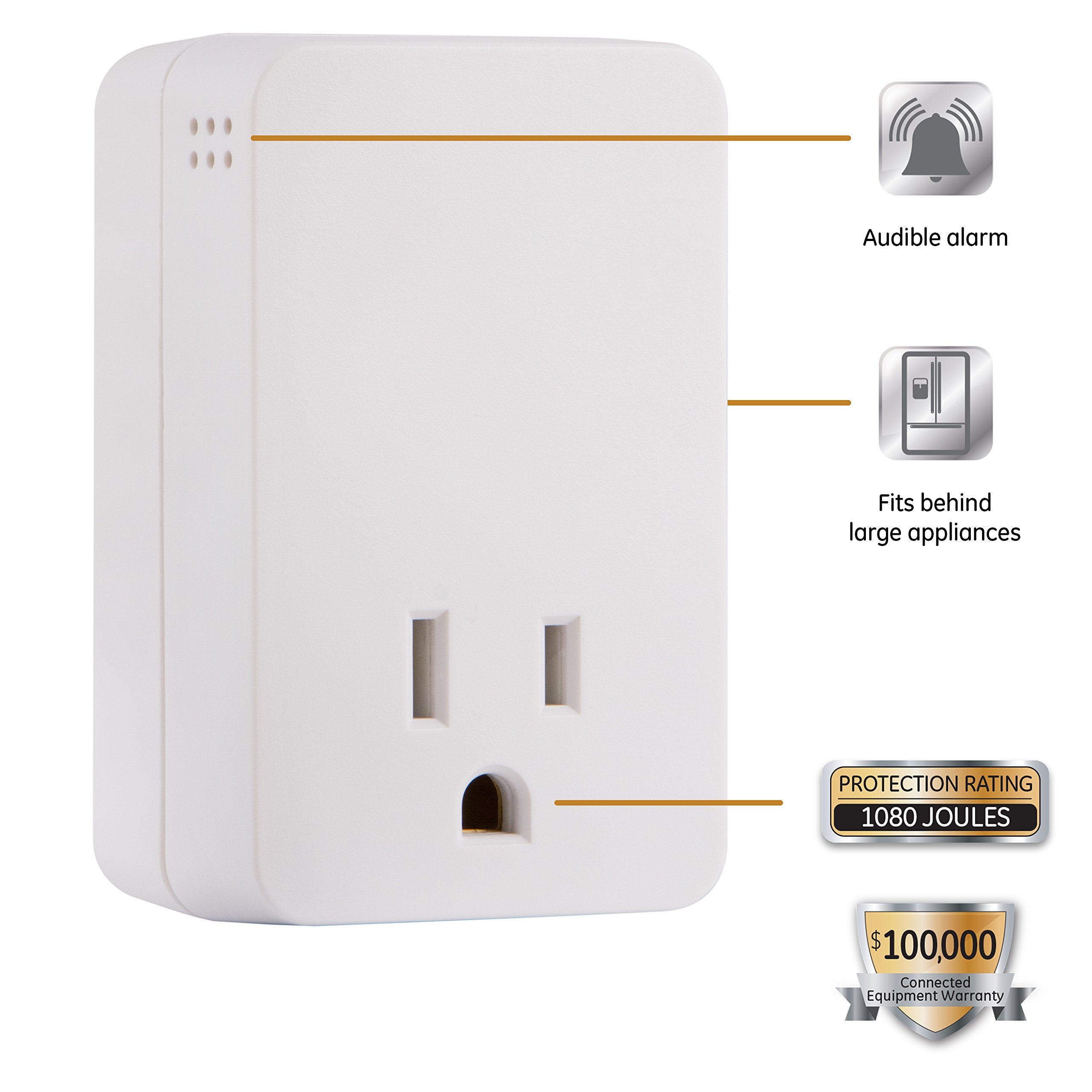 GE UltraPro Surge Protector Plug with Alarm, Outlet Extender, Plug Adapter, Appliance, Refrigerator, End of Service, 1080 Joules, Warranty, UL Listed, White, 38124 - Image 2