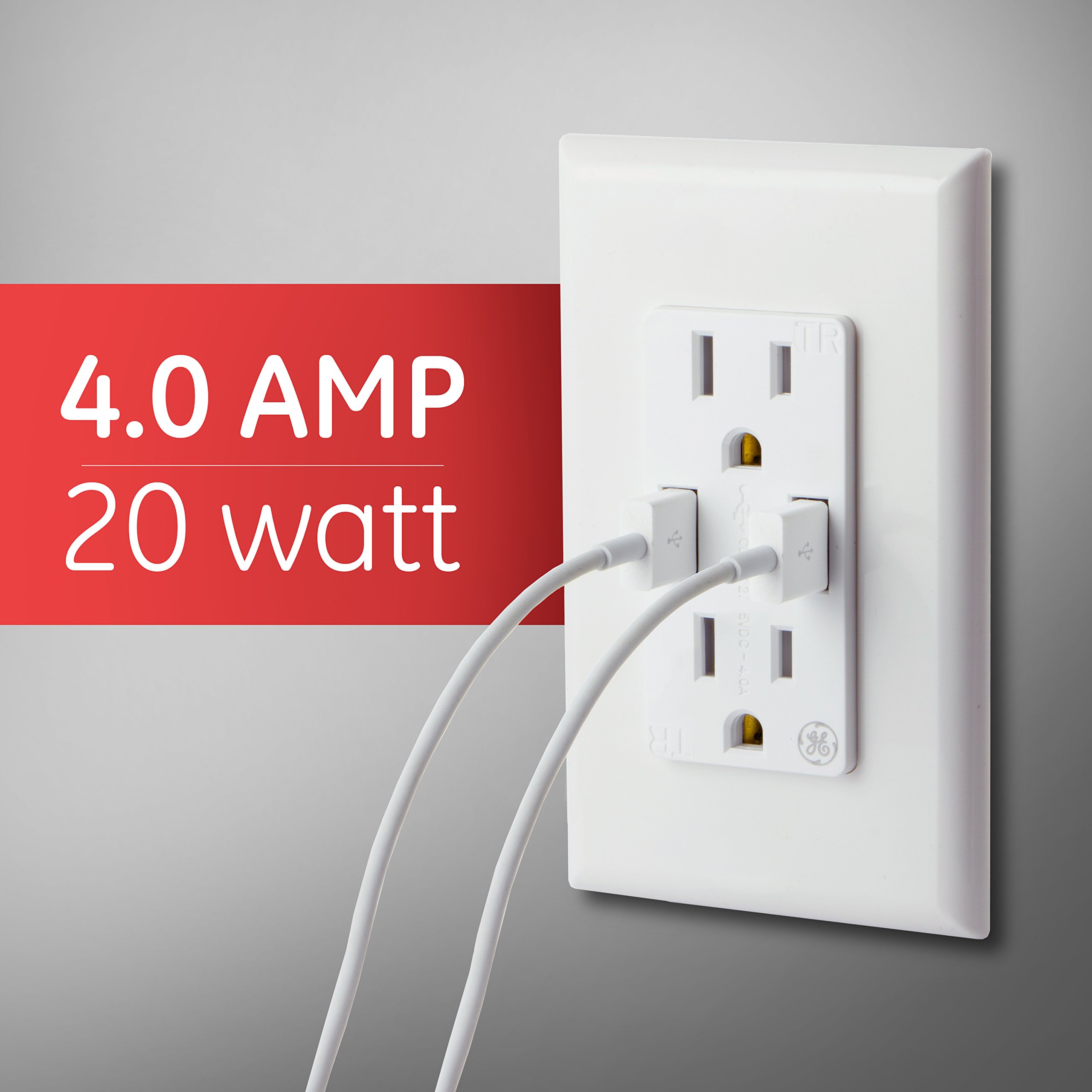 GE UltraPro Tamper Resistant 20W Dual USB Receptacle 2 Pack, For iPhone 11/Pro/Max/XS/XR/X/8, iPad Pro, Samsung Galaxy, Google Pixel, White, 37596 - Image 3