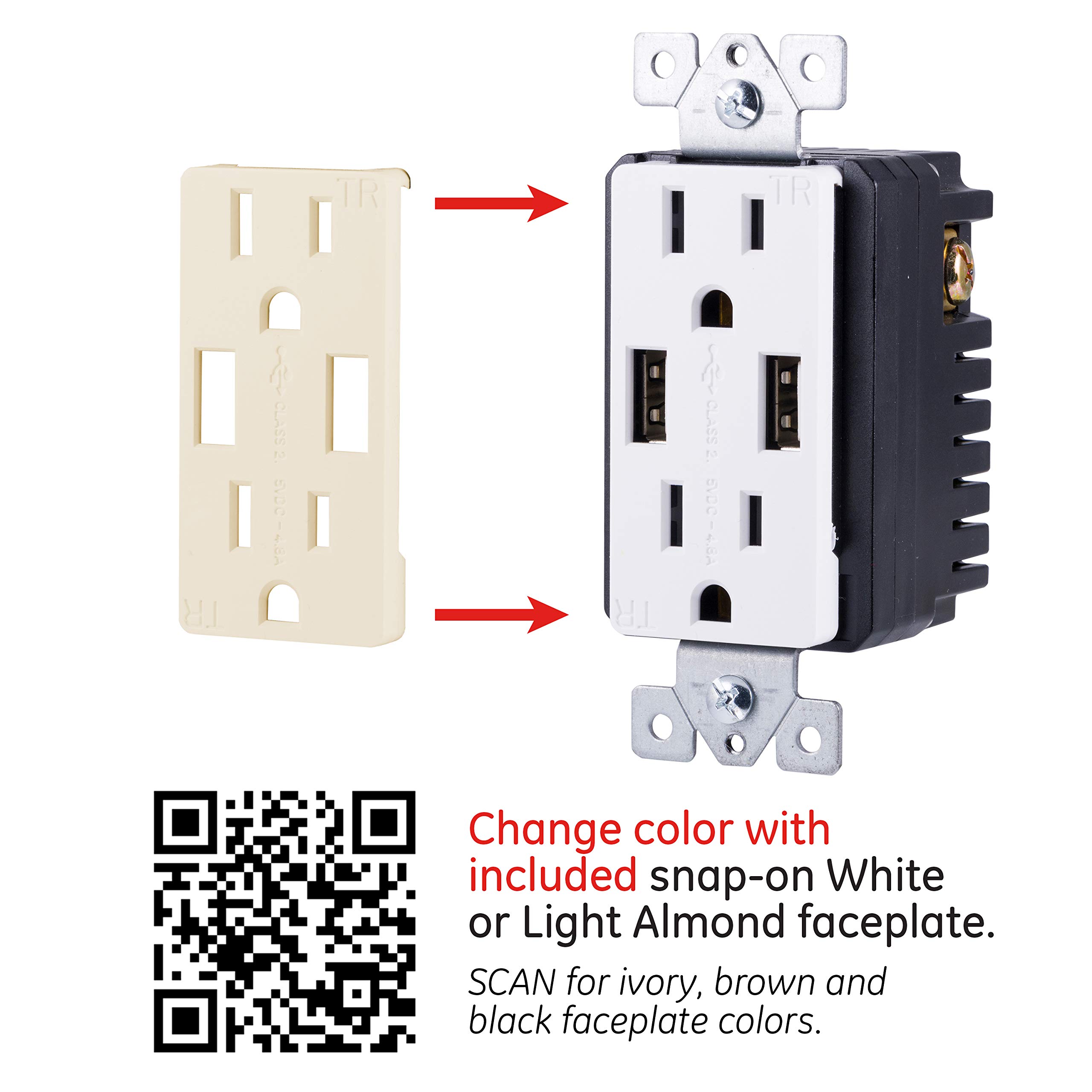 GE UltraPro Tamper Resistant 24W Dual USB Receptacle, For iPhone 11/Pro/Max/XS/XR/X/8, iPad Pro, Samsung Galaxy, Google Pixel, Changeable Faceplates, White/Light Almond, 40405 - Image 3