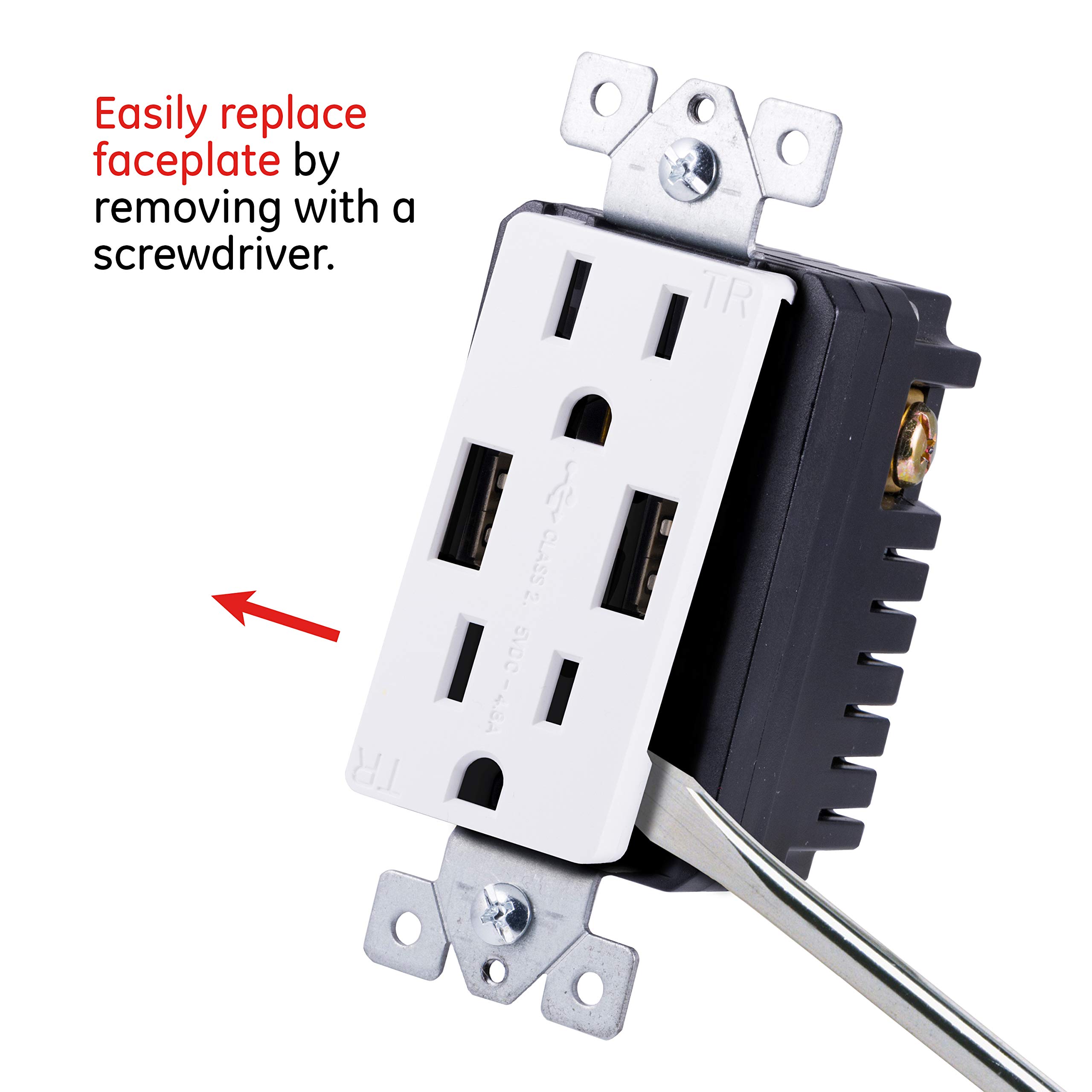 GE UltraPro Tamper Resistant 24W Dual USB Receptacle, For iPhone 11/Pro/Max/XS/XR/X/8, iPad Pro, Samsung Galaxy, Google Pixel, Changeable Faceplates, White/Light Almond, 40405 - Image 4