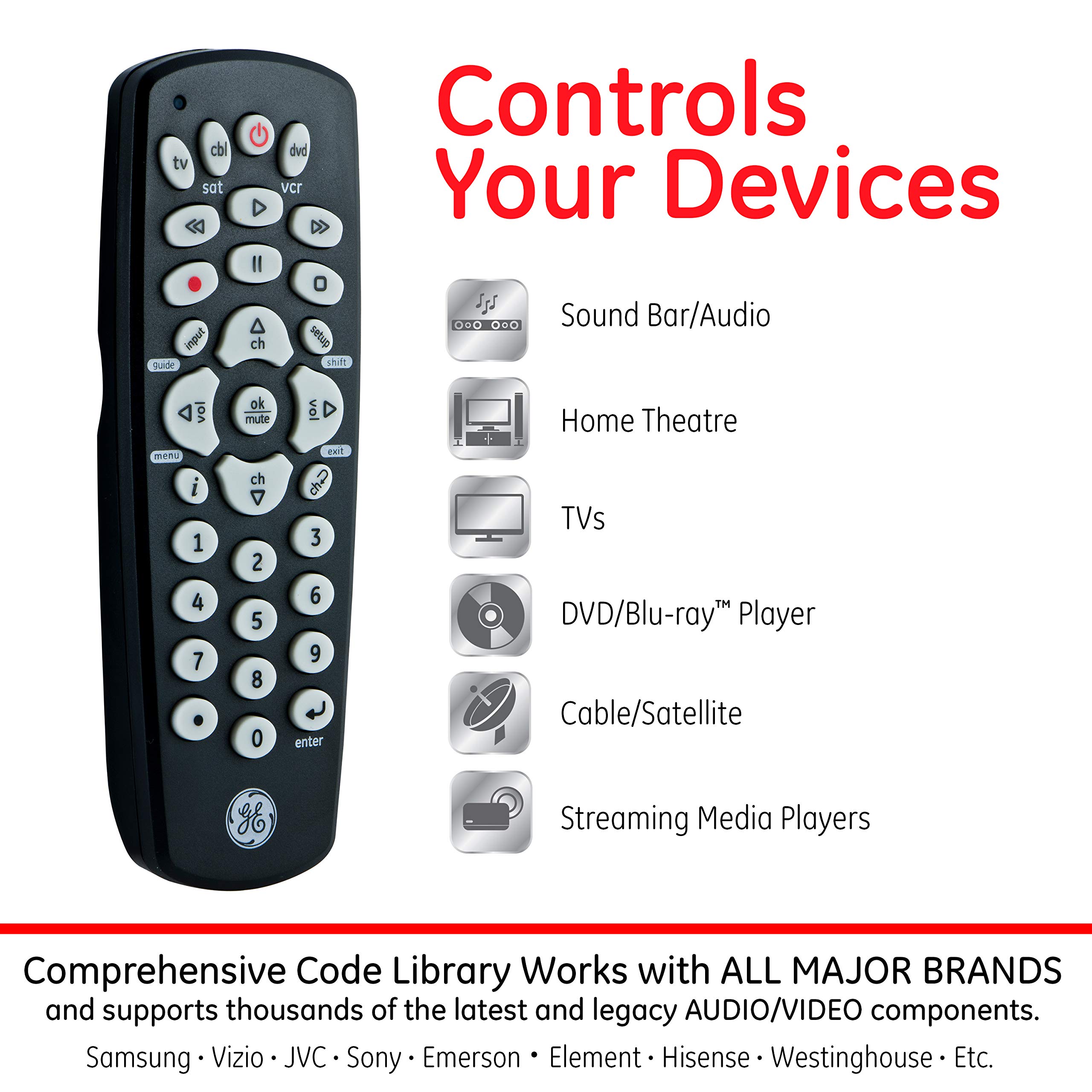 GE Universal Remote Control for Samsung, Vizio, LG, Sony, Sharp, Roku, Apple TV, RCA, Panasonic, Smart TVs, Streaming Players, Blu-ray, DVD, 3-Device, Black, 24991 - Image 2