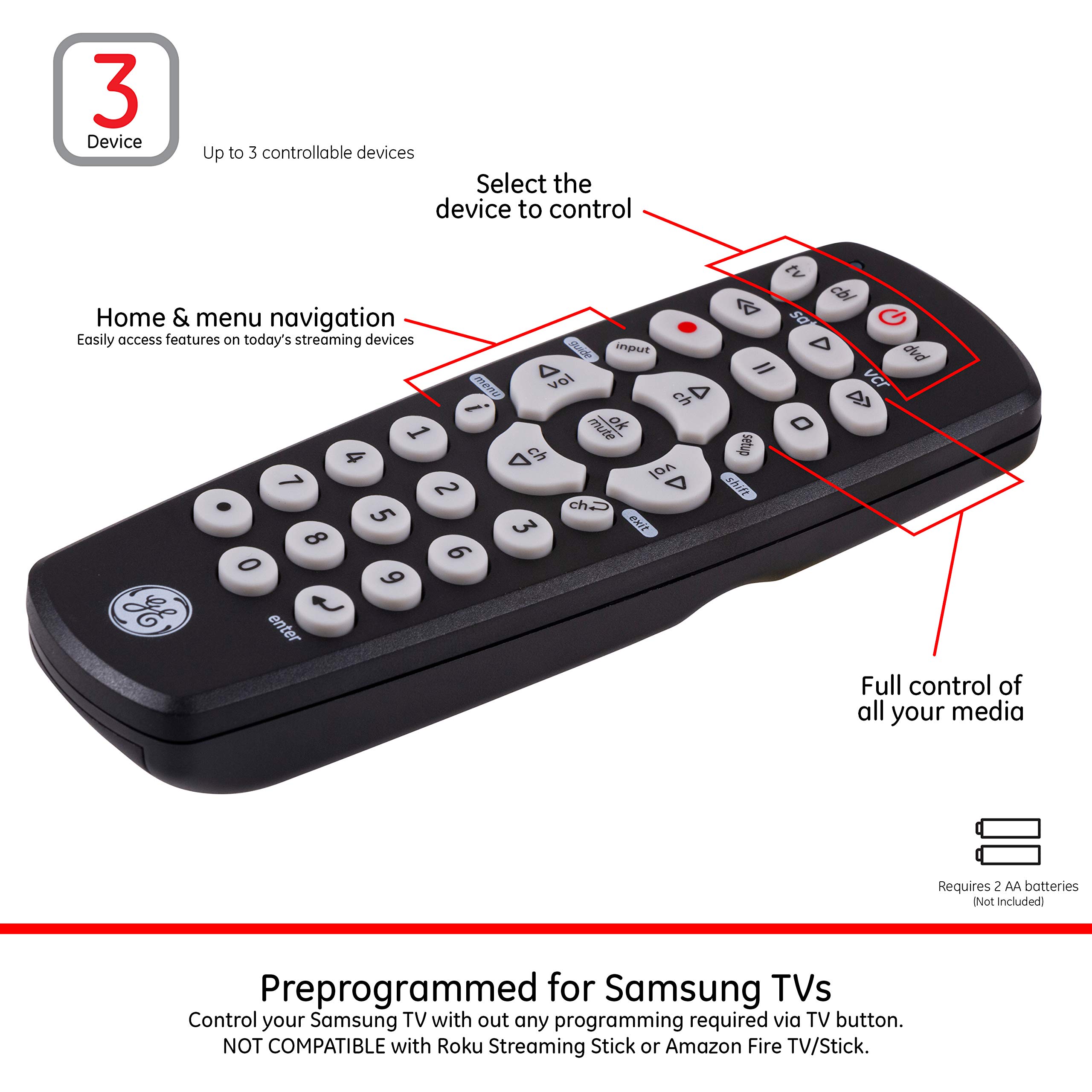GE Universal Remote Control for Samsung, Vizio, LG, Sony, Sharp, Roku, Apple TV, RCA, Panasonic, Smart TVs, Streaming Players, Blu-ray, DVD, 3-Device, Black, 24991 - Image 3