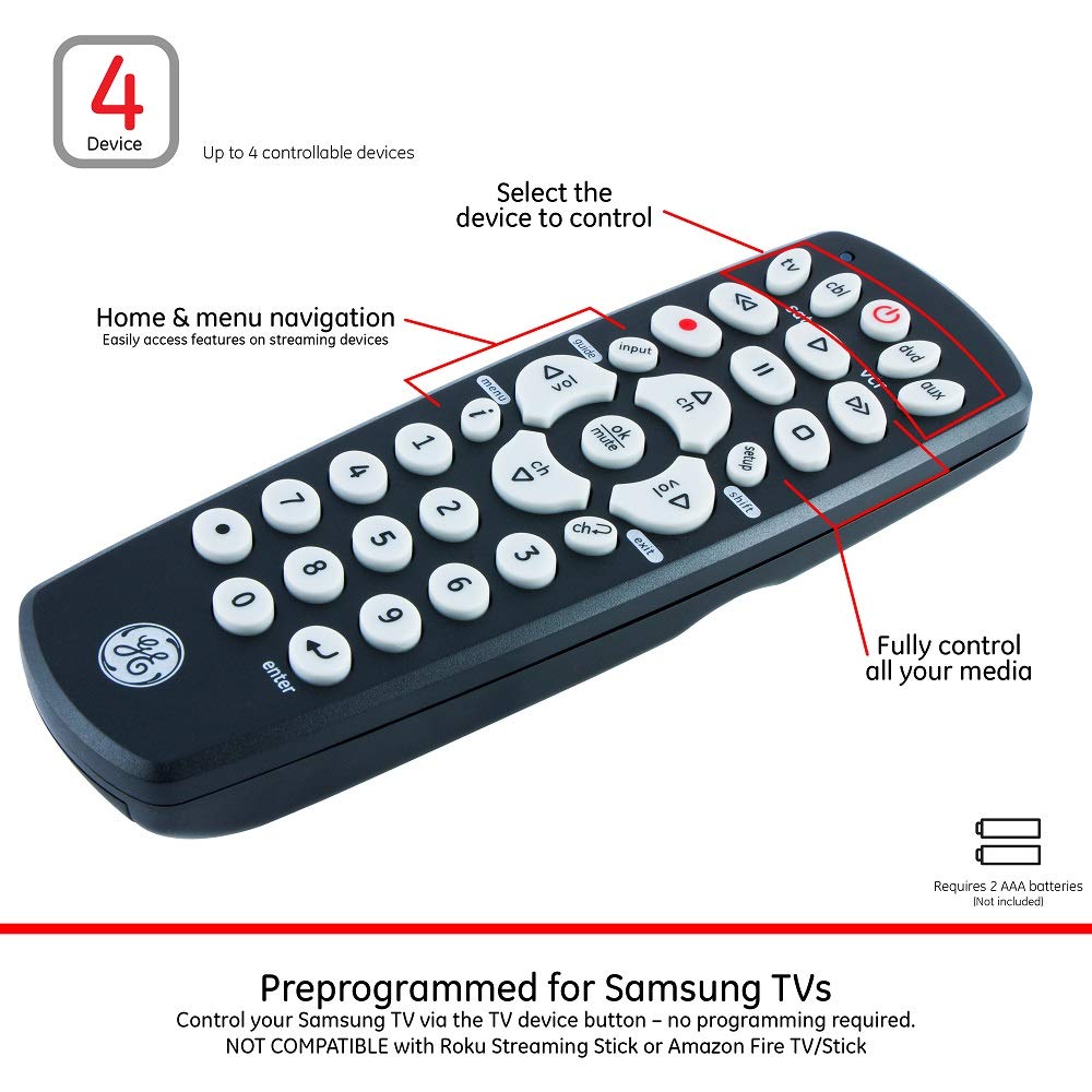 GE Universal Remote Control for Samsung, Vizio, LG, Sony, Sharp, Roku, Apple TV, TCL, Panasonic, Smart TVs, Streaming Players, Blu-ray, DVD, 4-Device, Black, 34708 - Image 3