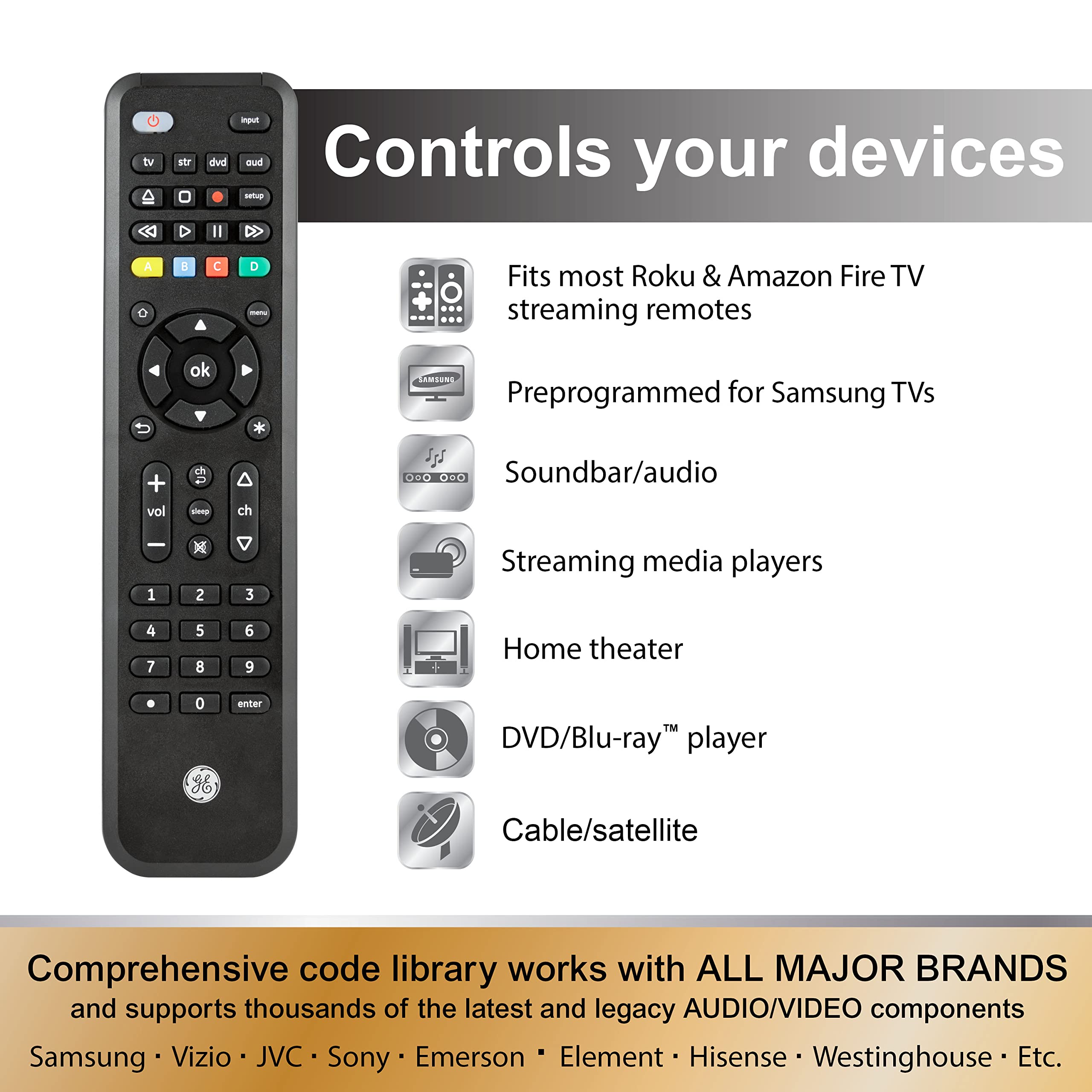 GE Universal Remote Control with Roku or Fire TV Streaming Remote Compartment, use with Samsung, Vizio, LG, Sony, Sharp, Apple TV, TCL, Smart TVs, Streaming Players, Blu-ray, DVD, 4-Device, 59046 - Image 4