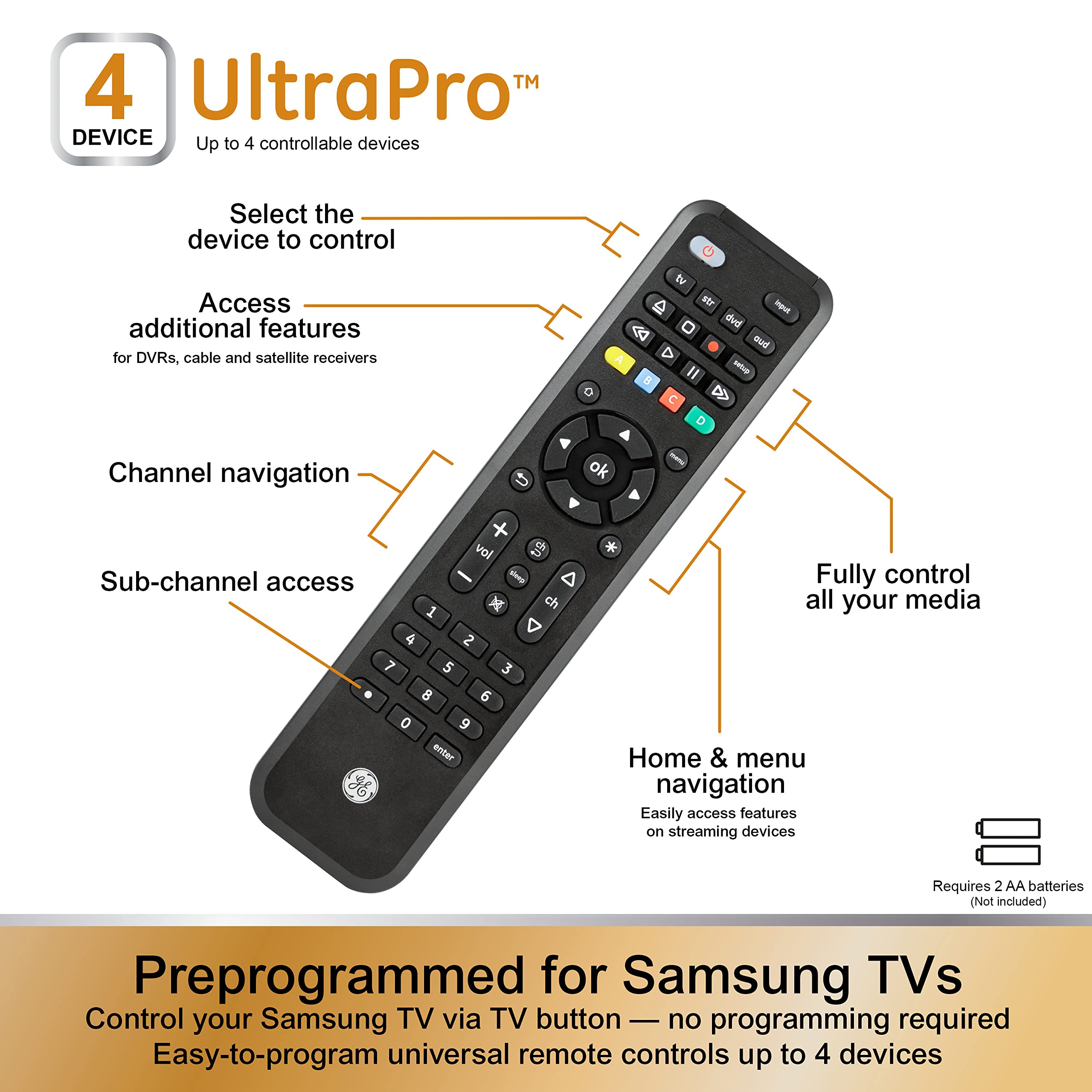 GE Universal Remote Control with Roku or Fire TV Streaming Remote Compartment, use with Samsung, Vizio, LG, Sony, Sharp, Apple TV, TCL, Smart TVs, Streaming Players, Blu-ray, DVD, 4-Device, 59046 - Image 7