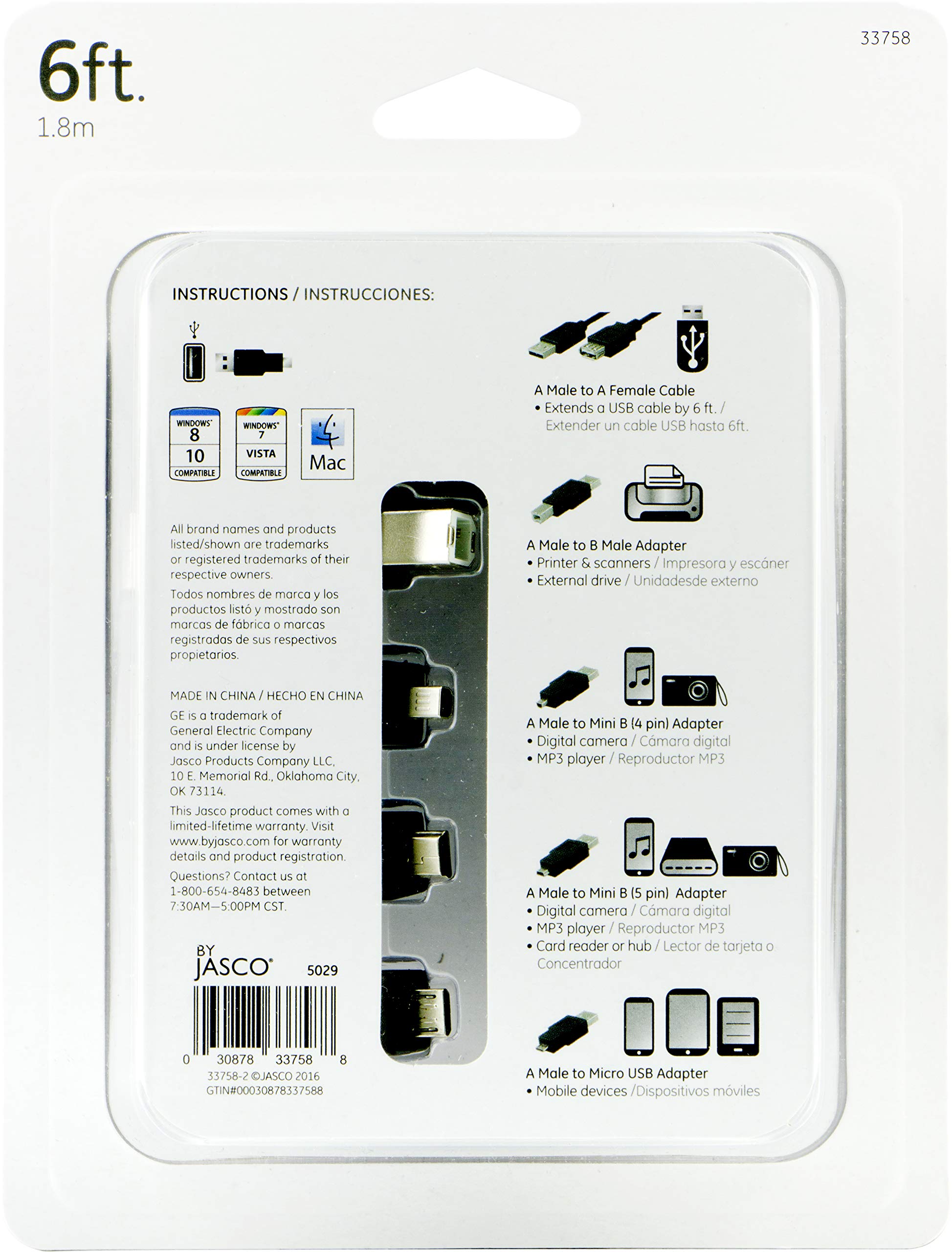 GE Universal USB 2.0 Adapter Kit, 6ft. A Male to A Female Extension Cable, 4 Adapters Included: A Male to B Male, 4 Pin, 5 Pin, A Male to Micro USB, 33758 - Image 11