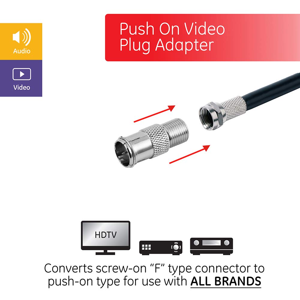 GE Video Plug Adapter, Push On, Type F Plug Adapter, RG6, RG59, 75 Ohm Adapter, Audio, Video, Ideal for HDTV, TV Antenna, DVR, VCR, Satellite Receiver, Cable Box, Home Theater, Nickel, 35049 - Image 2