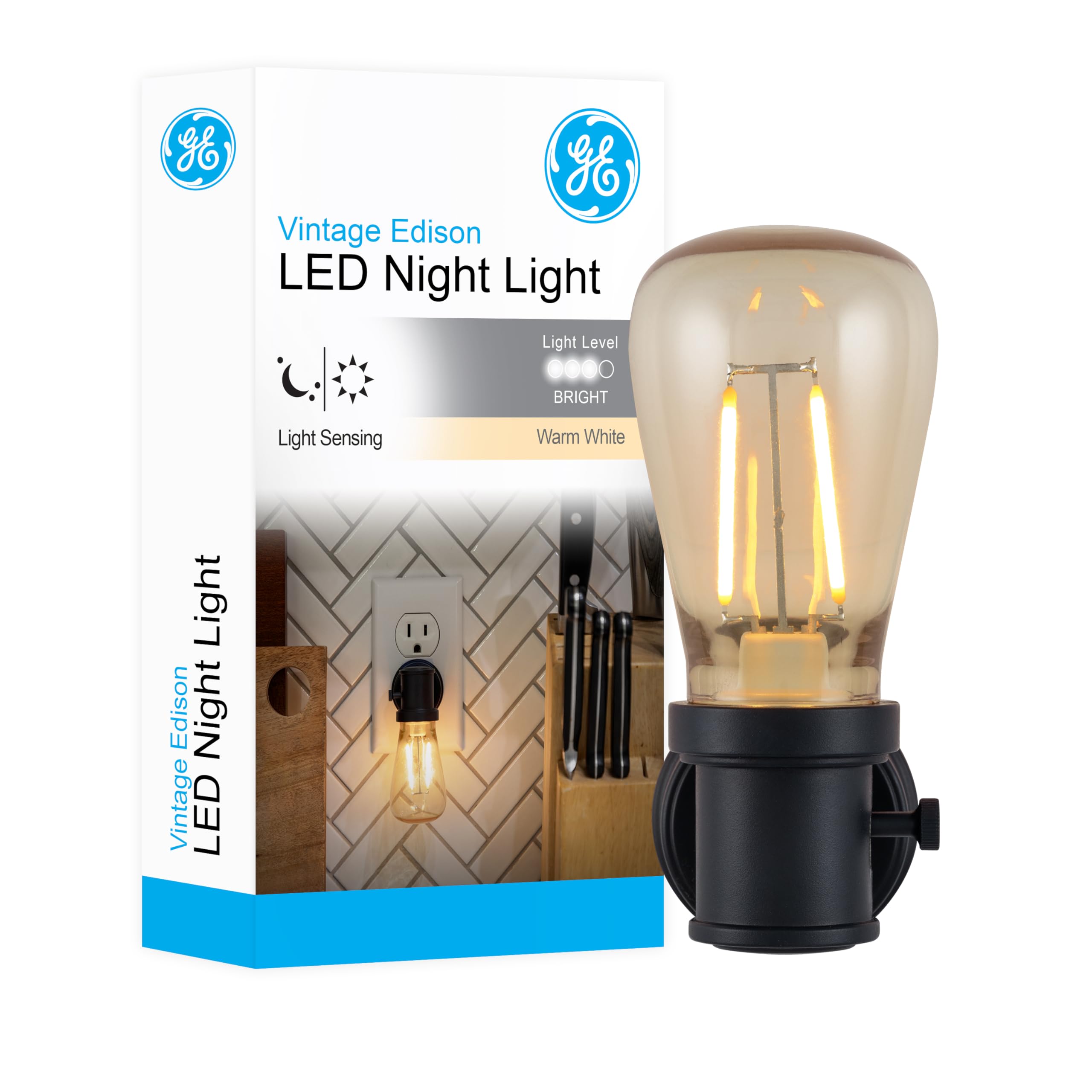 GE Vintage LED Edison Night Light, Plug-in, Dusk to Dawn Sensor, Farmhouse Decor, Mood Lighting, Home Decor, Ambient Lighting, LED Lights for Bedroom, Bathroom, Kitchen, Hallway, Black, 1 Pack, 64346