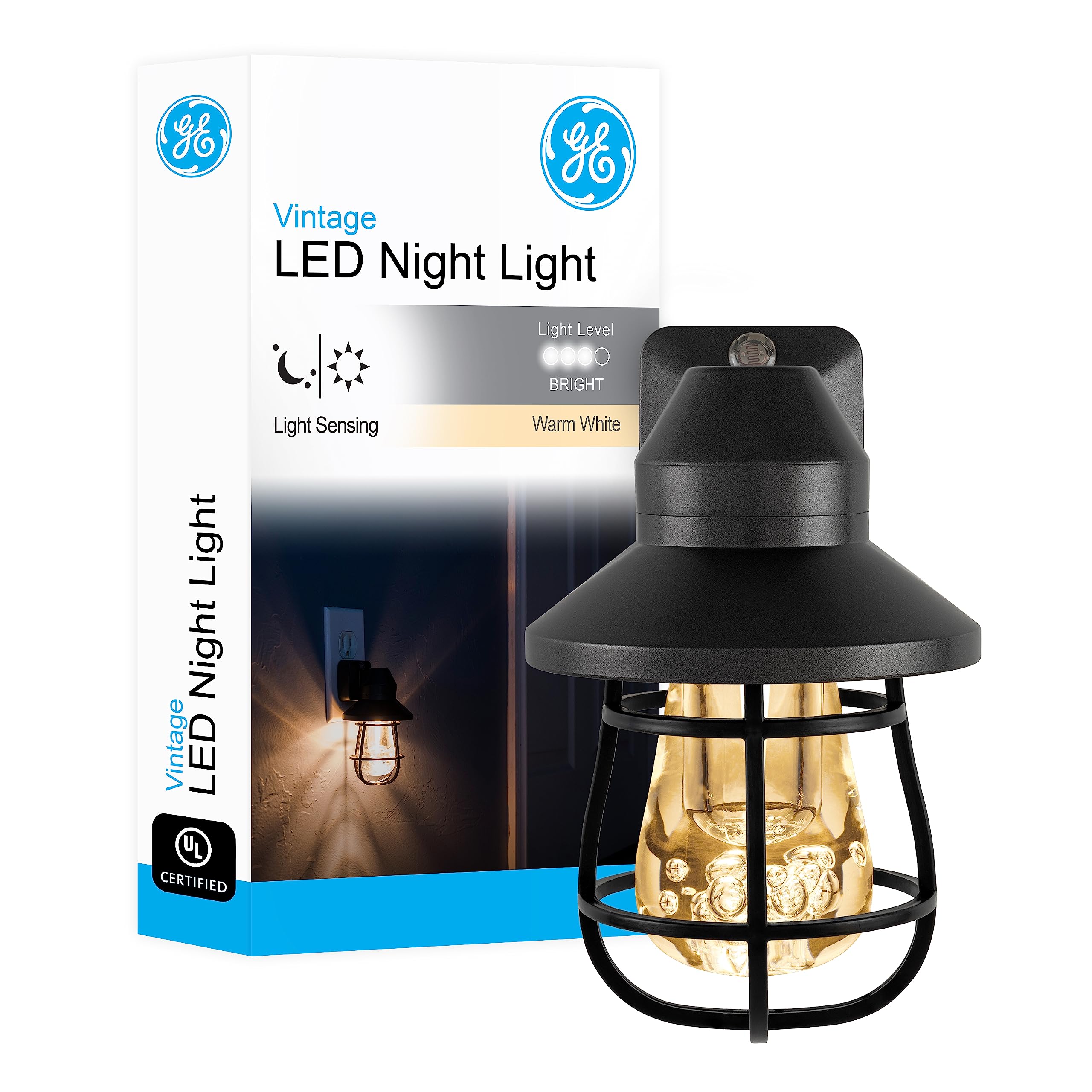 GE Vintage LED Night Light, Plug-in, Dusk to Dawn Sensor, Farmhouse Decor, Mood Lighting, Home Decor, Ambient Lighting, LED Lights for Bedroom, Bathroom, Kitchen, Hallway, 38628, Black, 1 Pack