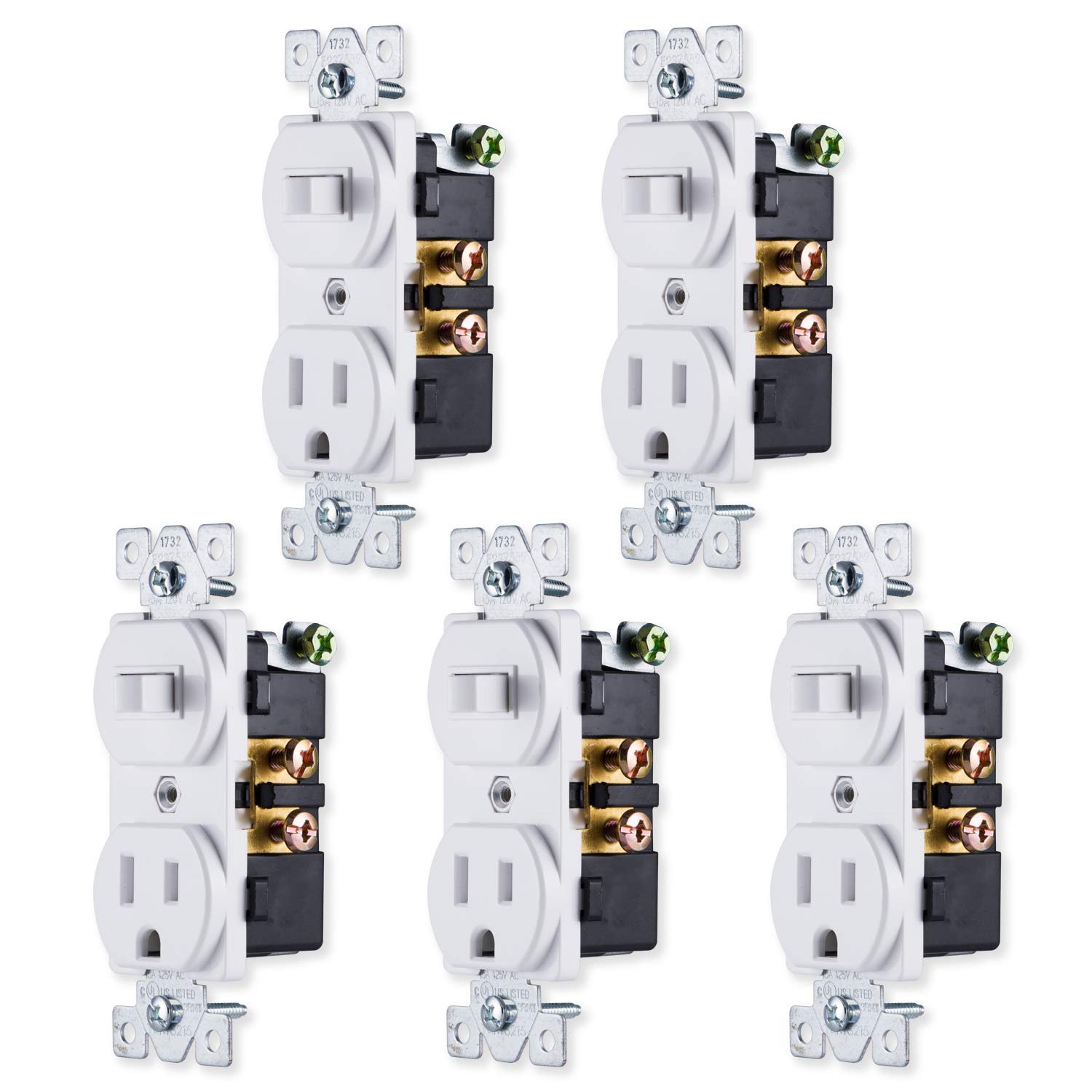 GE Wall Switch & Outlet Combo 5 Pack, Two-in-One Receptacle, 1 On/Off Toggle Power Switch, 1 Grounded AC Outlet Wall Plug, Single Pole, 3 Prong, 15 Amp, UL Listed, White, 44038